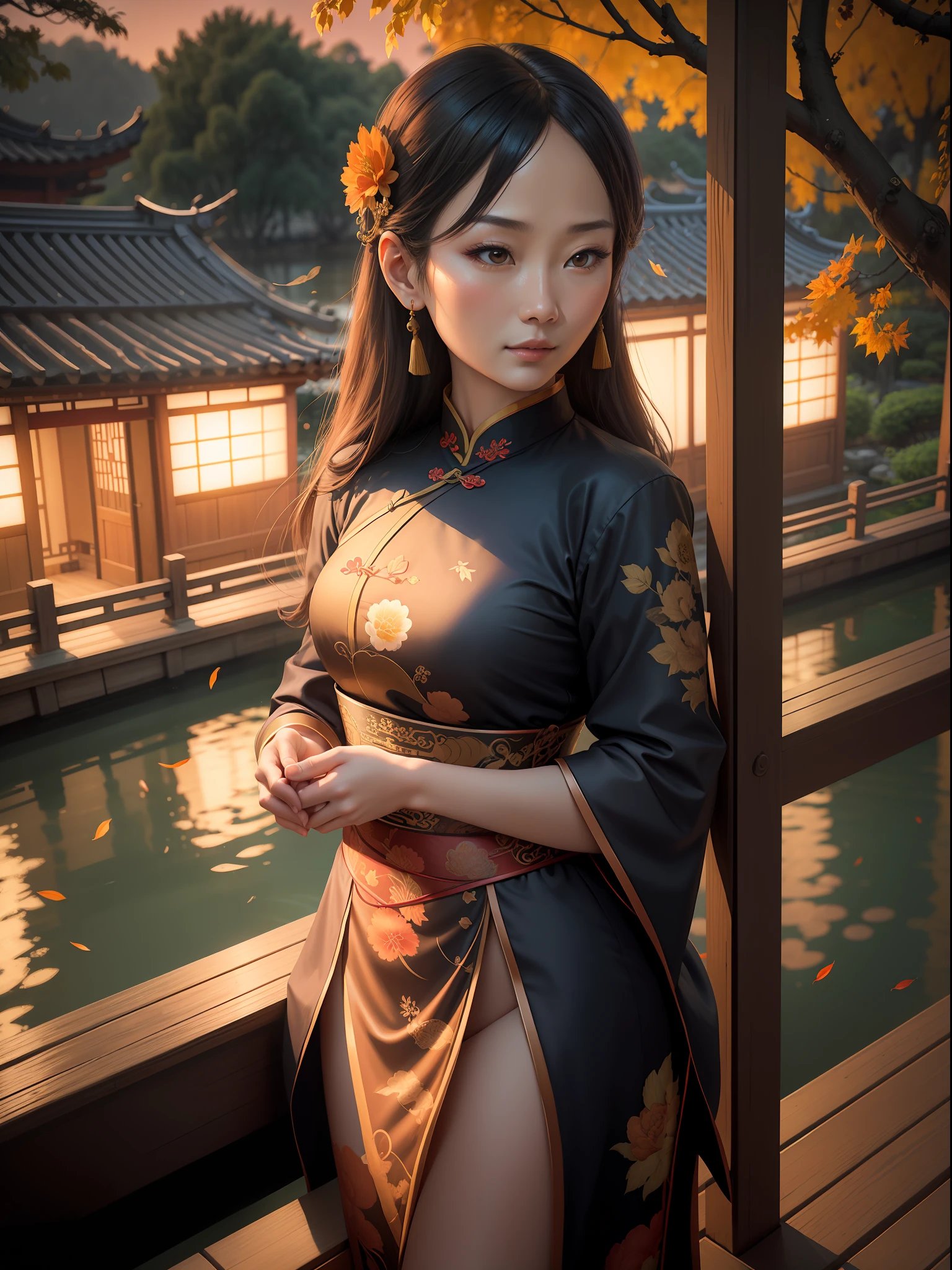 （photorealistic render）Termos solares chineses，outono，entardecer，cena noturna，a lua，The beautiful beauty of a Dinastia Tang，a Dinastia Tang，Mulher bonita，Mulheres lindas，Chinese courtyard，Through the window，small bridge of running water，Hangzhou，Lago Oeste，profundidade de campos，grande abertura，lentes telefoto