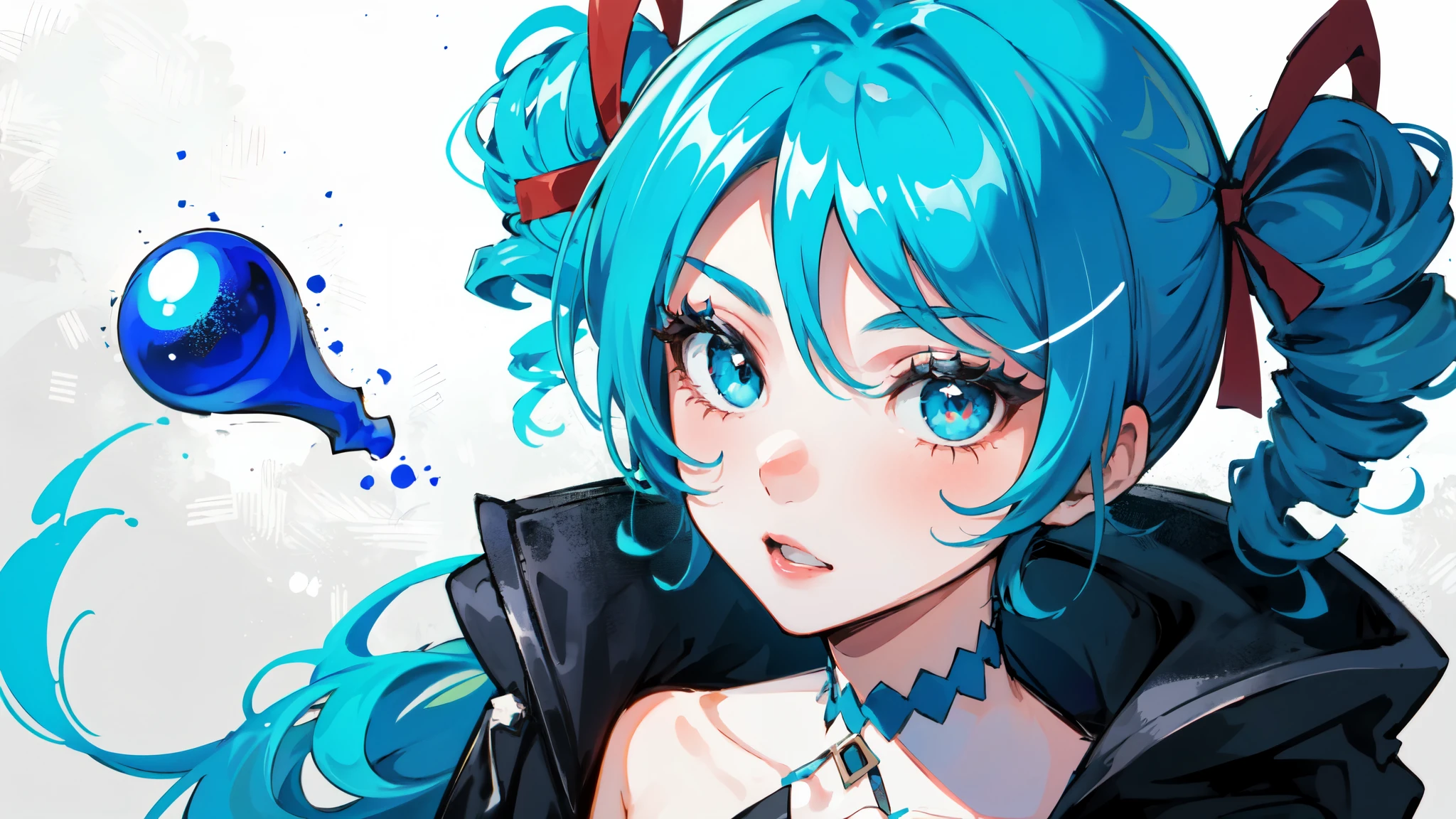 1 girl,solo, masterpiece, best quality,Vision，clown，face color，Heavy makeup，，perfect lighting, Double tail, drill hair, blue hair, blue eyes, Gwen, 