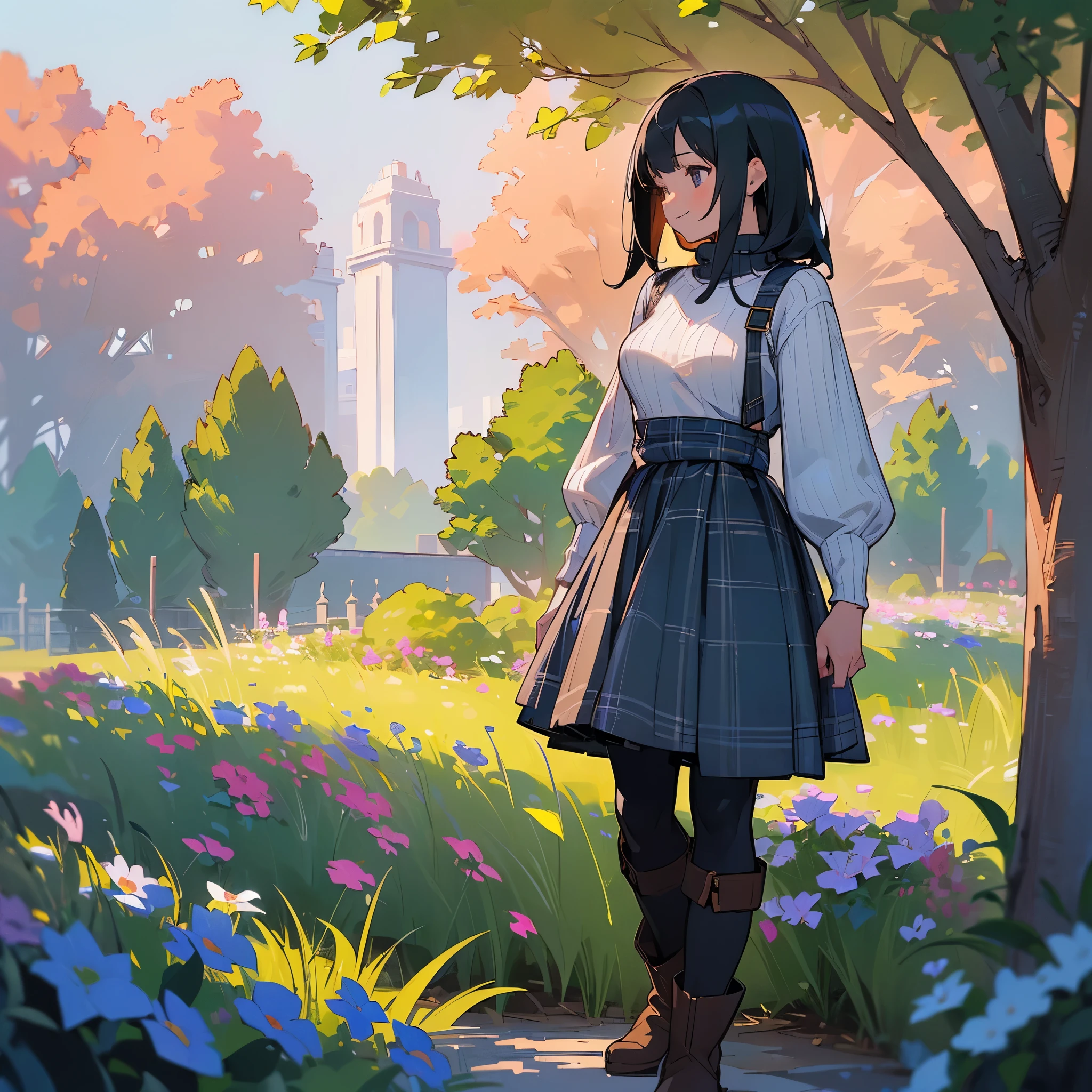 (high quality, high resolution, Super detailed, Reality:1.37), peaceful atmosphere, (outdoor, garden), Teenage girl standing alone, (My breasts are big.), Beautiful detailed features, cute smile, (black bob hair), ribbed sweater, blue plaid skirt, Black tights, Brown boots.