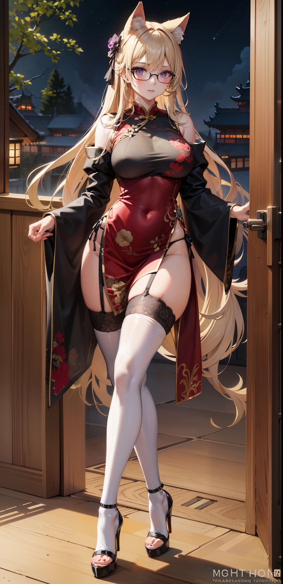 (((black thighhighs))), fox + glasses, cynematic light, futuristic, epic fantasy, 8k. woman, fox ears, long blonde hair, purple eyes, glasses, seductive anime girl, attractive anime girl, 20 years old, tall girl, long beautiful legs, muscles, side-tie panties, stomach, ribbon-trimmed thighhighs, thighhighs, full body, large breasts, chinese clothes, garter straps, skindentation, qipao, Cheongsam, dress, chinese dress, high heels, hair ornament, chinese house interior, sunrays, chinese lamps, night,