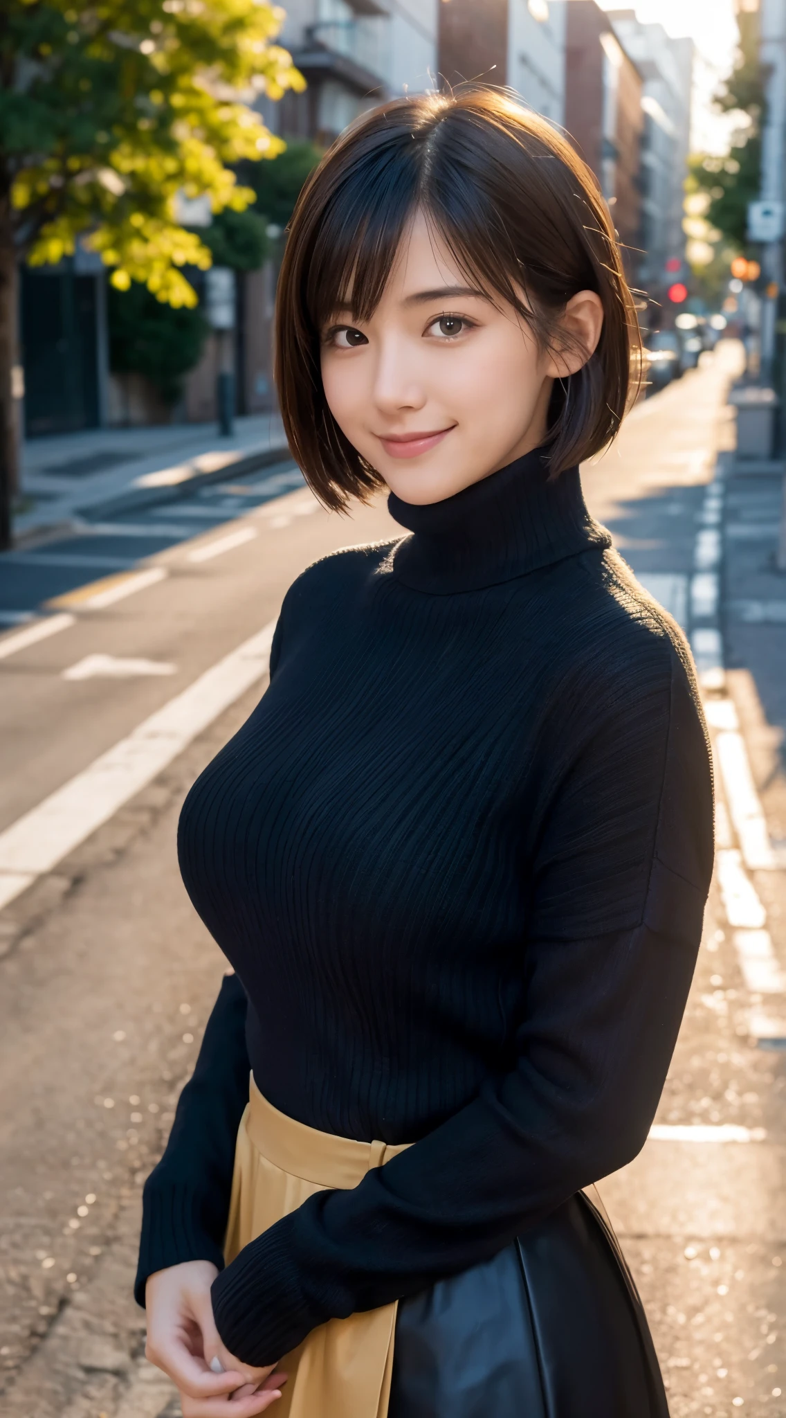 (highest quality,masterpiece:1.3,ultra high resolution),(Super detailed,caustics,8K),(photorealistic:1.4,RAW shooting),at dusk,warm light,Vivid,street,24-years-old,cute,Japanese,black short hair,best smile,big boobs,Down coat,turtleneck sweater,long skirt,Low position,Low - Angle,Natural light