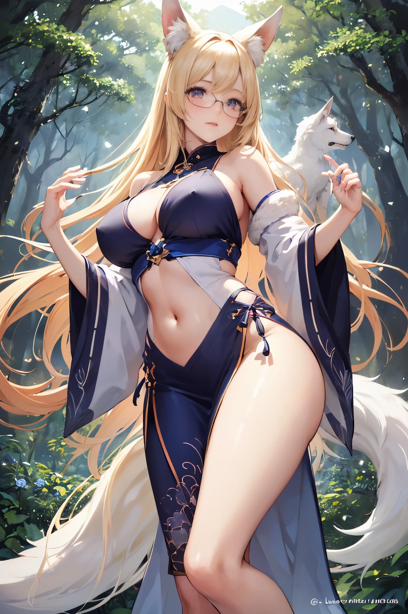 masterpiece, best quality, purple eyes, navel, abdomen, sexy, blonde fur, fox, animal ears, blonde hair, fox ears, glasses, muscle, tall girl, beautiful legs, long legs,  breathtaking, nine-tailed golden fox, japanese art style, majestic, bokeh, ink, art, complex background, forest, goddess, beautiful tails, n a serene and enchanted forest, a mesmerizing sight awaits those fortunate enough to catch a glimpse - a breathtaking white fox with a lustrous coat that gleams like freshly fallen snow under the gentle moonlight. Gracefully moving through the undergrowth, its elegant form captures the essence of ethereal beauty. But what truly sets this wondrous creature apart is its extraordinary nine tails, each one adorned with intricate patterns that seem to tell ancient tales of mythical wonders. With every swish of those magnificent tails, an enchanting aura of magic surrounds the fox, captivating all who behold its splendor. As the embodiment of purity and allure, the white fox with its resplendent nine tails is a living testament to the wonders of nature's creativity and brilliance, 