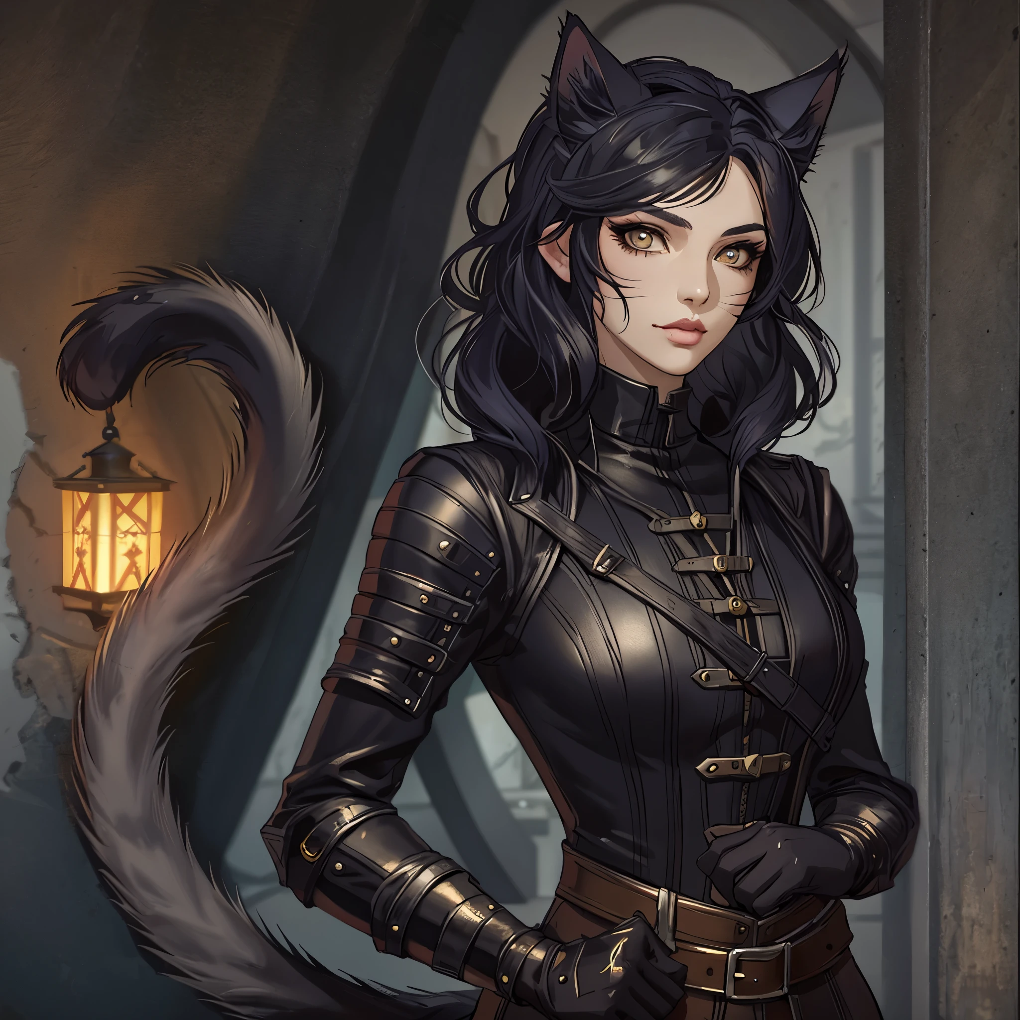 araffe catwoman with black hair and leather outfit standing with her hands on her hips, portrait of a goth catgirl, attractive cat girl, beautiful young catgirl, catgirl, anthropomorphic female cat, cat girl, anthro cat, tiefling, tiefling rogue, in the art style of bowater, commission for high res, a close up of a woman in a corset with a cat tail, unreal engine character art, beautiful young catgirl, portrait of a steampunk catgirl, attractive cat girl, artgerm ; 3d unreal engine, unreal engine fantasy art, stunning character art, hyperdetailed fantasy character, female character, epic exquisite character art, small character. unreal engine 5