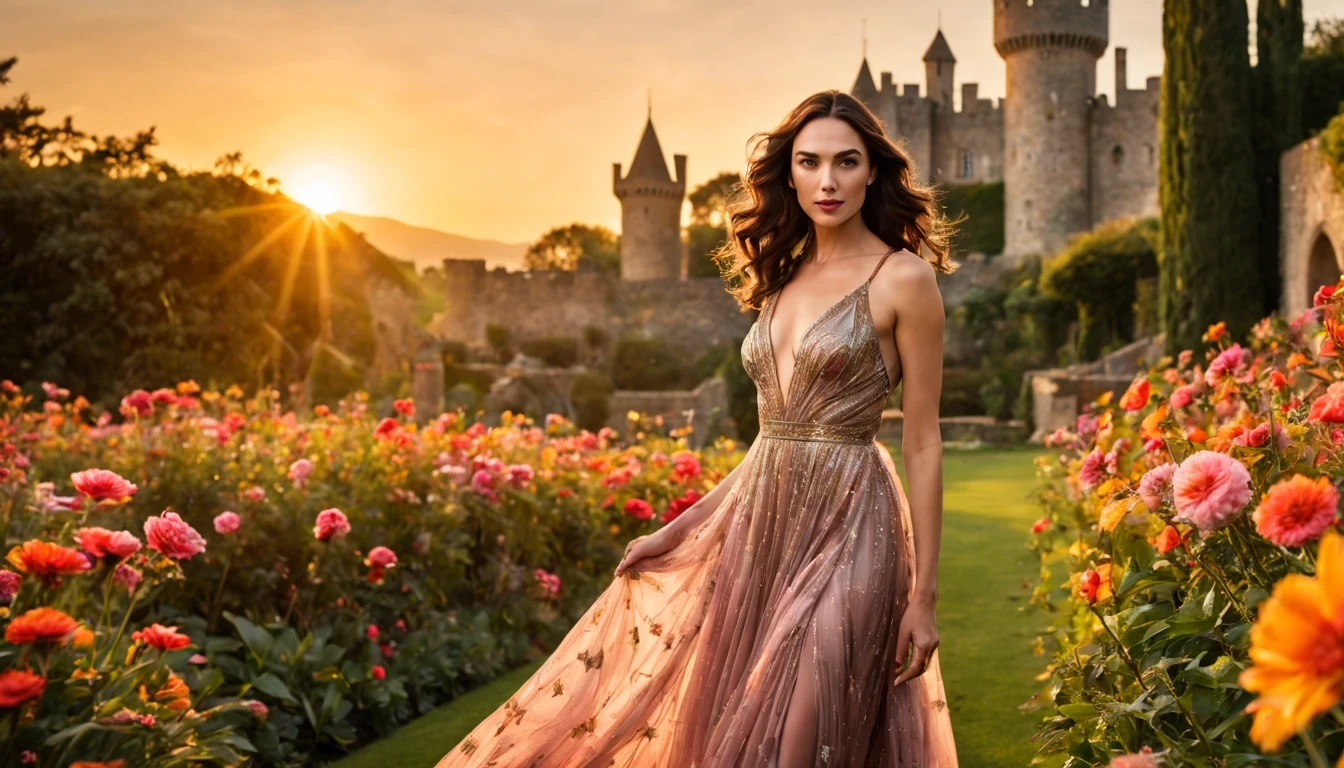 Graceful and fluttering nymph, "Gal Gadot com vestido Vinho longo", olhos brilhantes, pele radiante, cabelos dourados, sorriso encantador, in a garden full of flowers and with a castle in the background with a beautiful sunset.
