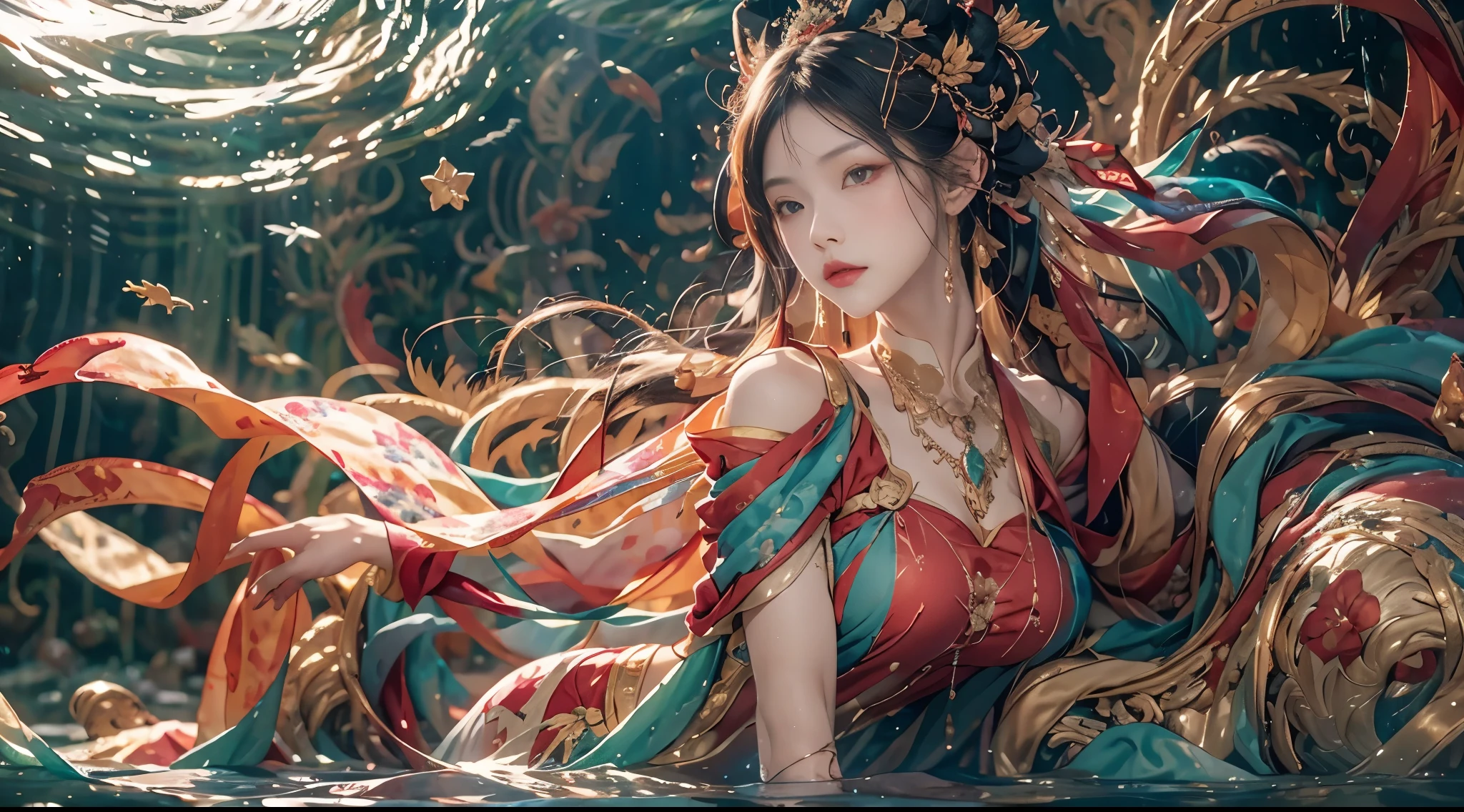 one-girl,There was a dragon behind him,Dunhuang style,Under water,Flying action,A red ribbon is wrapped around the body,hyper realisitc,hyper realisitc,paramountcy,classical,32k hd,retinas,tmasterpiece,ccurate,textureskin,anatomy correct,super detailing,high detal,high qulity,1080P,A high resolution,best qualtiy,Award-Awarded,16k,8k,4K,k hd, Colossal tits