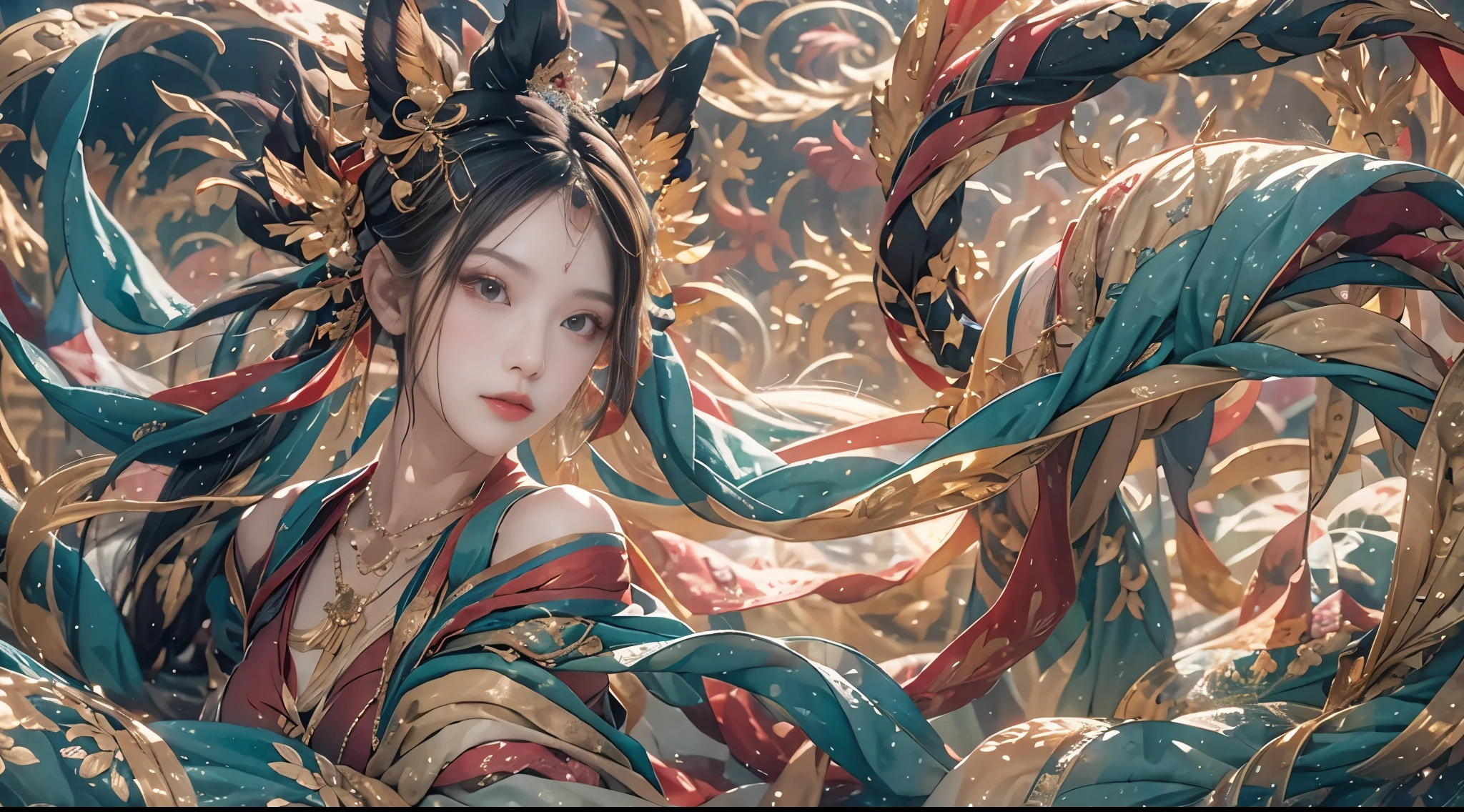 one-girl,There was a dragon behind him,Dunhuang style,Under water,Flying action,A red ribbon is wrapped around the body,hyper realisitc,hyper realisitc,paramountcy,classical,32k hd,retinas,tmasterpiece,ccurate,textureskin,anatomy correct,super detailing,high detal,high qulity,1080P,A high resolution,best qualtiy,Award-Awarded,16k,8k,4K,k hd, Colossal tits
