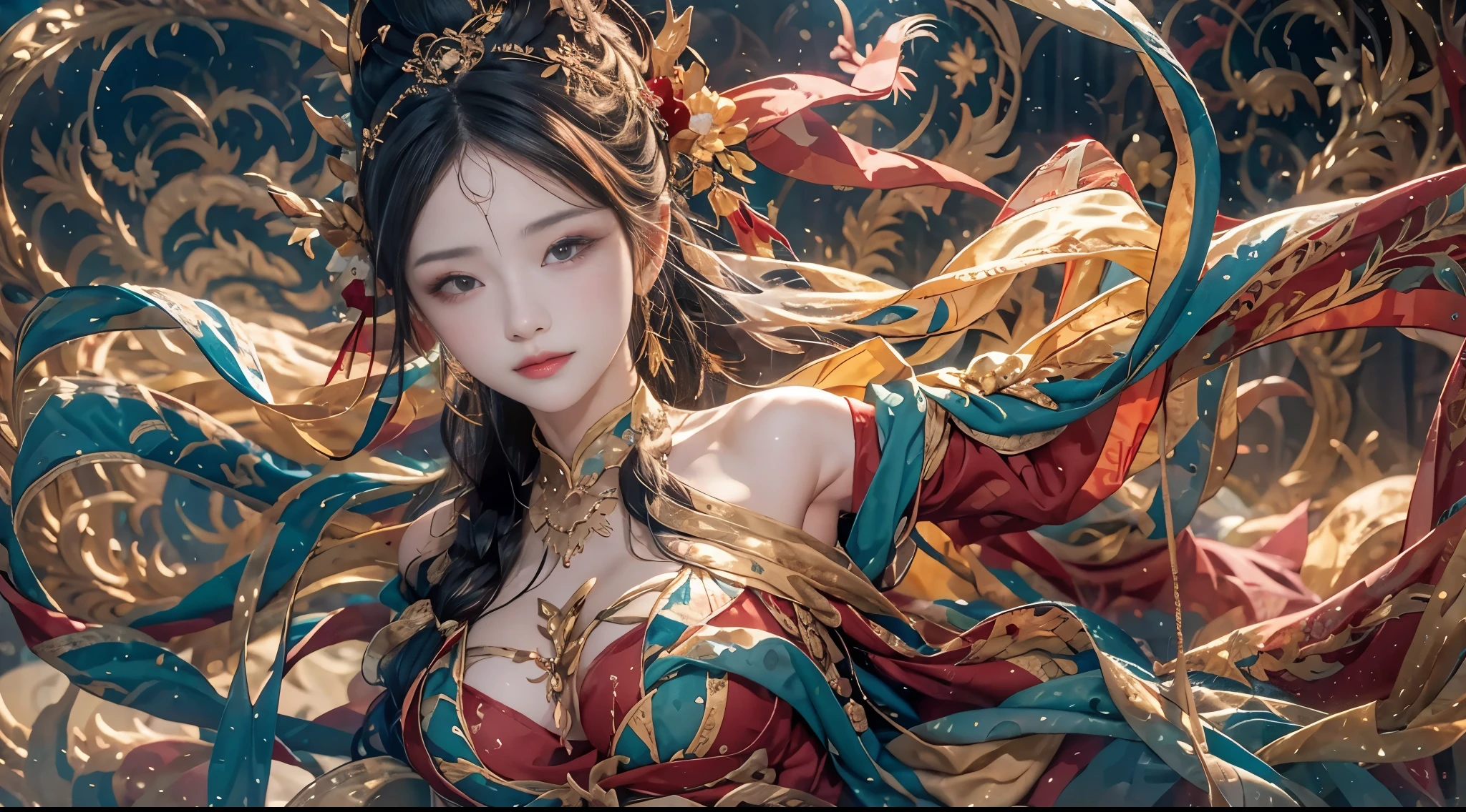 one-girl,There was a dragon behind him,Dunhuang style,Under water,Flying action,A red ribbon is wrapped around the body,hyper realisitc,hyper realisitc,paramountcy,classical,32k hd,retinas,tmasterpiece,ccurate,textureskin,anatomy correct,super detailing,high detal,high qulity,1080P,A high resolution,best qualtiy,Award-Awarded,16k,8k,4K,k hd, Colossal tits