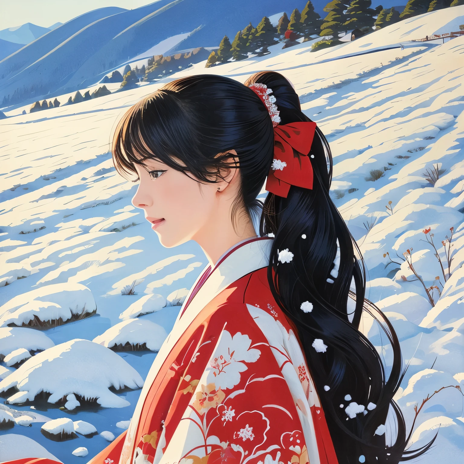 Illustration style、Showa Anime、woman、ukiyoe painting 、countryside landscape、Woman at the center、Delicate touch、finely、The wind is blowing、kimono、Japanese、Shinkai Makoto style、((winter)),((snow))