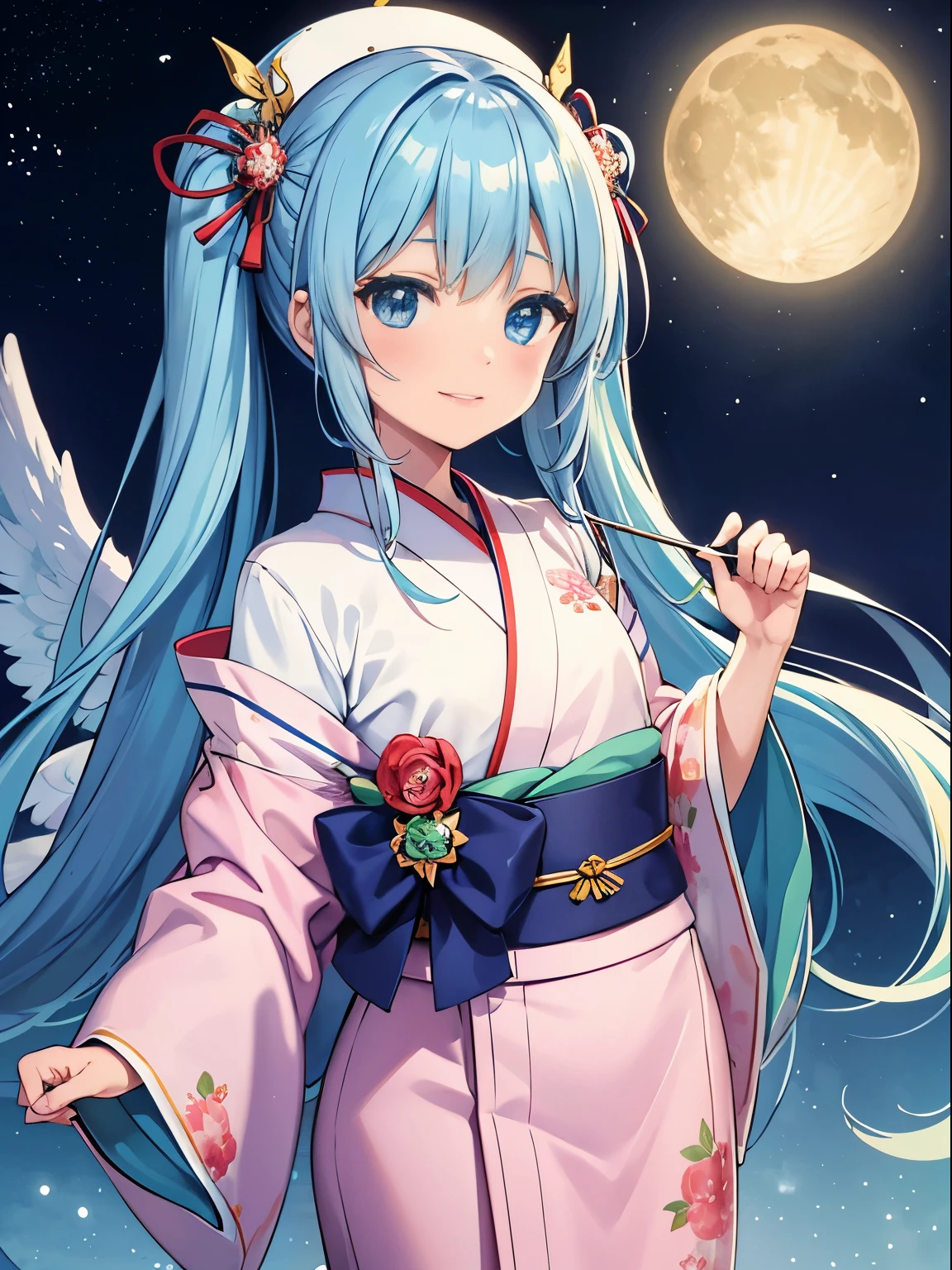Mt. Fuji in the background super idol beautiful girl charming smile sky blue hair hair length twin tails white and red、blue and yellow、green、there's pink there、;Japanese kimono you've never seen before、looking at camera The angel has large rainbow-colored angel wings.、fantasy constellation moon crystal shine aurora in the night sky