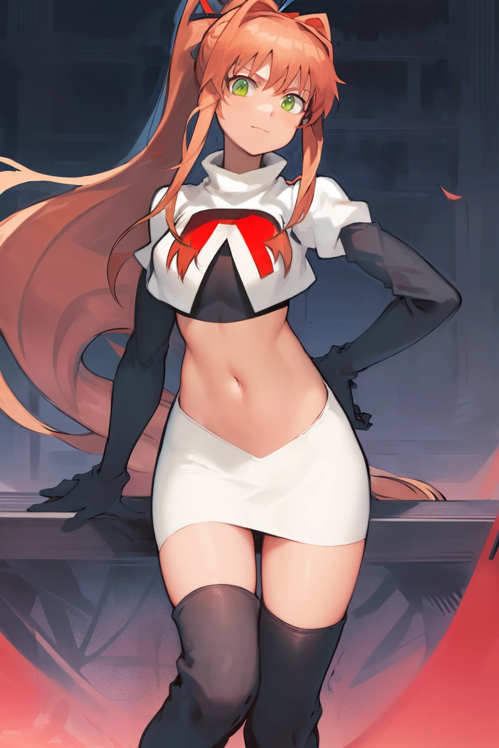 2d, masterpiece, best quality, anime, highly detailed, cowboy shot, 1girl, solo, monika, green eyes, very long hair, ponytail, team rocket,team rocket uniform,white skirt,red letter R,crop top,black thigh-highs,black elbow gloves