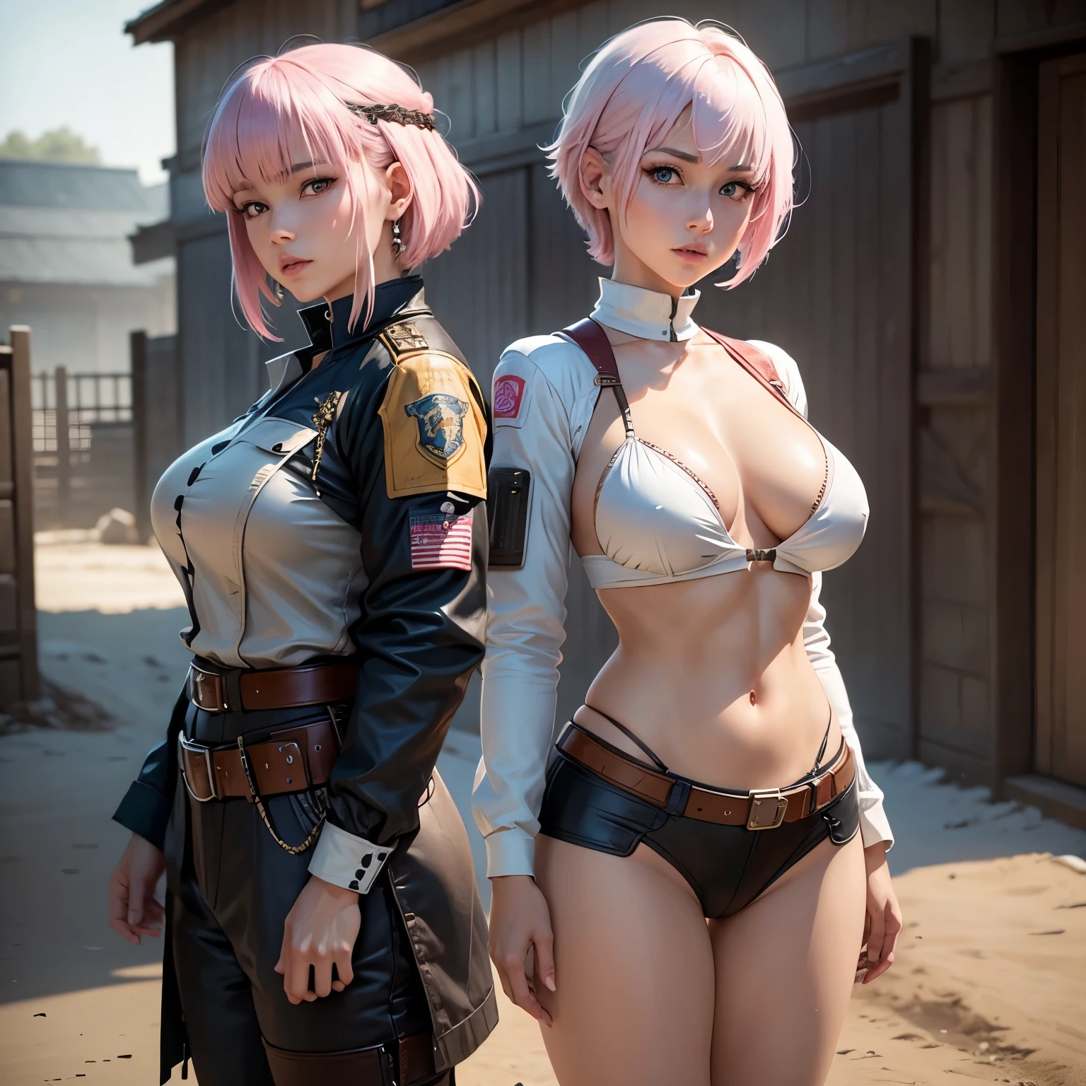 8k, masterpiece, best quality, realistic, higly detailed, cowboy shot, 1girl, solo, Ichika Nakano, very short hair that has a single long strand on the right side, white-pink hair, a single earring, dark blue eyes, average height, well-endowed figure, large breasts, cute, Military, Military
