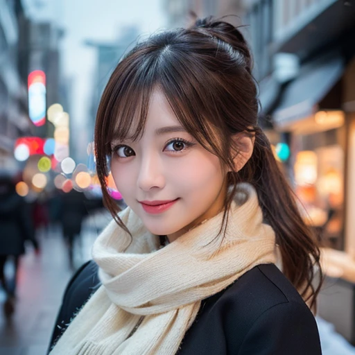 ((8k、RAW photo、highest quality、masterpiece:1.3))、(genuine、フォトgenuine:1.37)、japanese women:1.3、１people&#39;s women、Slender beauty、Full body shot、ponytail 、big breasts、Scarf、snow、City of night、super detailed face、super detailed eyes、double eyelid、smile、background blur