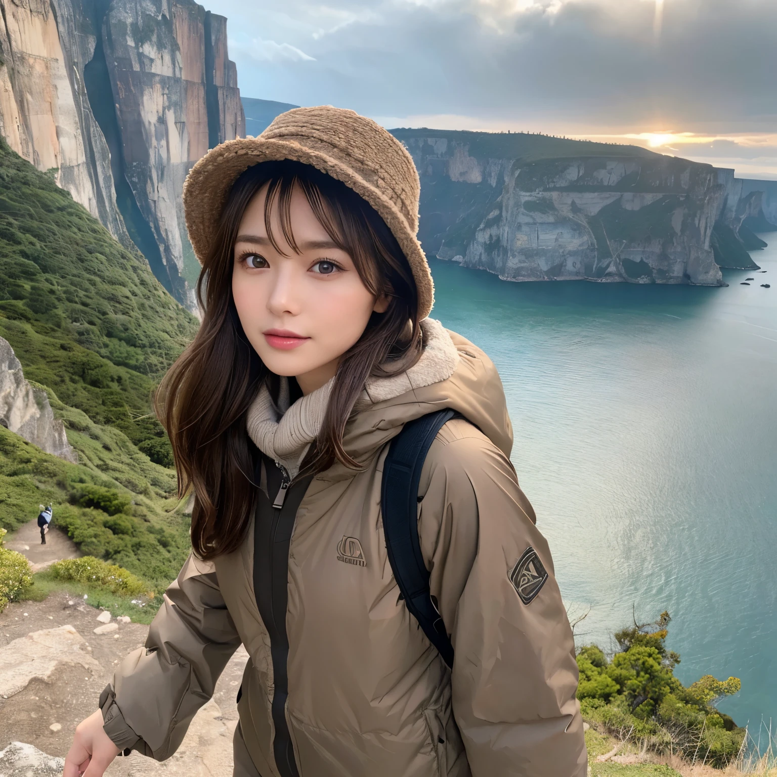 1 female, ((Brown-haired woman walking along the edge of a cliff with a great view of the valley below)), ((Hiking gear:1.3)). 40k, photo shoot, masterpiece, 最high quality, dark gray background, perfect face, ((One girl with brown eyes and brown hair)). super detailed face, fine eyes, embarrassing, Decided, winter, daytime, hat、Down jacket、Hiking boots, full body portrait, dramatic, ultra high resolution.realistic:.1.4, (high definition skin:1.2), 8K UHD, Digital single-lens reflex camera, high quality, film grain, Fujifilm XT3