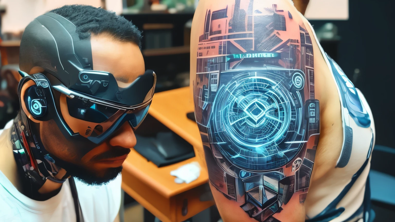 Homem de oculos, nerd e tatuado progamando em um laboratorio, em um mundo distopico futurista