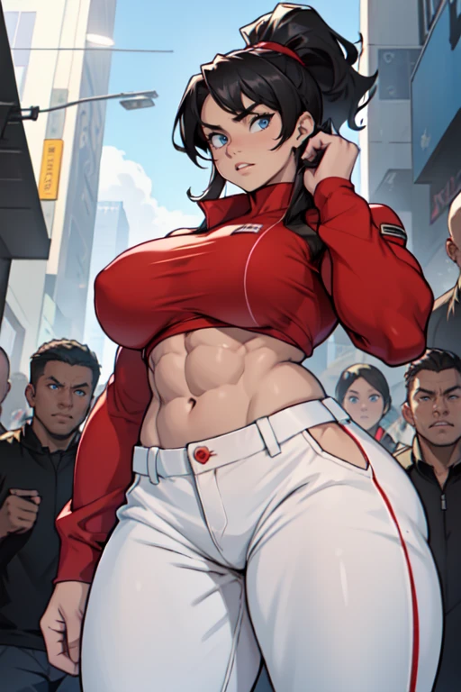 anger, (best quality), ((looking up at viewer)), (((from below))), (1 girl),  (((abundant, gigantic breasts, large areolae))), muscular、toned body、thick thighs, (very big golden blue eyes), (glossy red lips,), (abundant, shiny long black hair), (latex, military uniform, wearing white military uniform, wearing white military pants), ponytail (((abundant, 完璧なmuscularな体))), ((six pack,  chiseled abs)), (((Female Bodybuilders))), Punpun, hysterical look, Standing Shoben, (((male, background surrounded by crowd))),  elaborate details