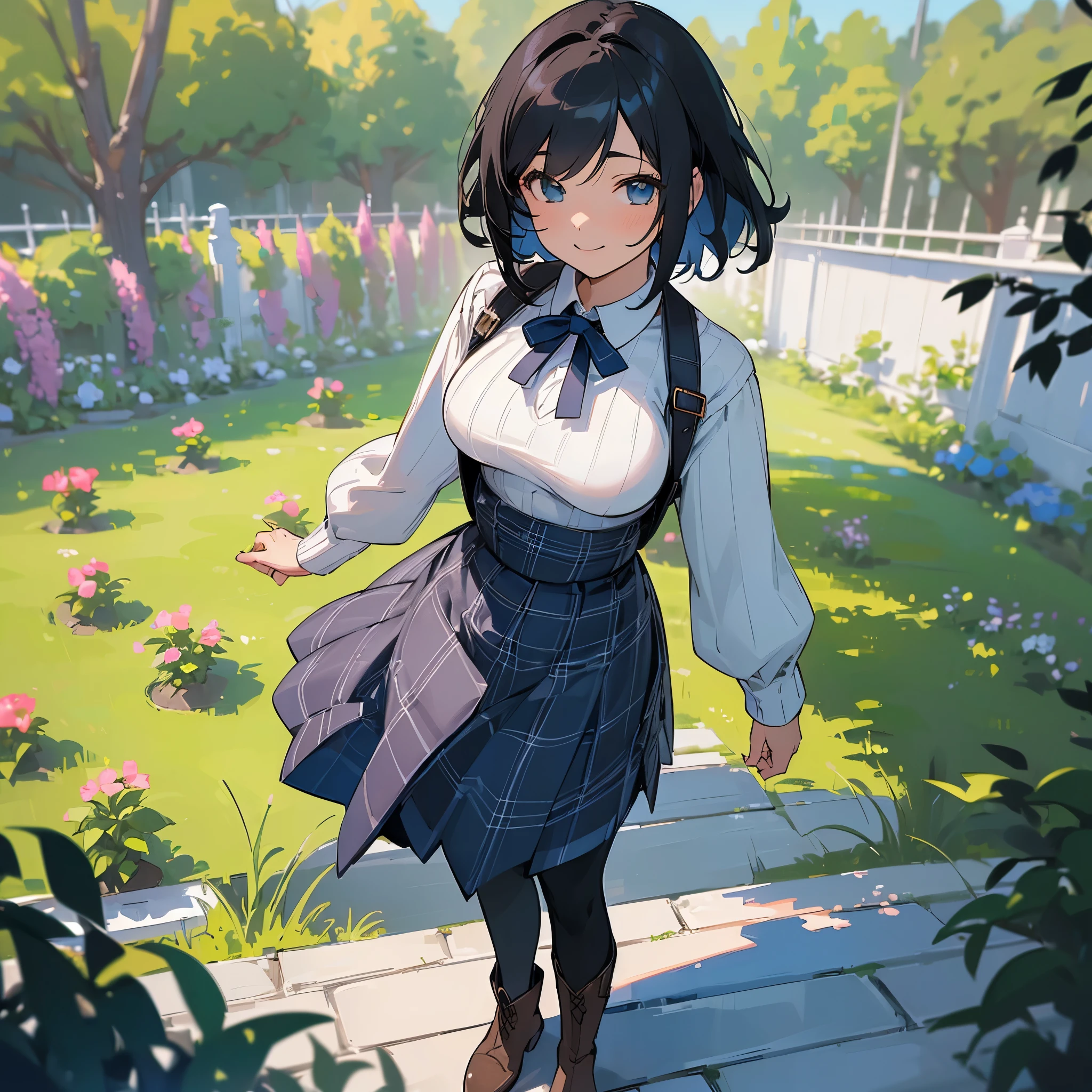 (high quality, high resolution, Super detailed, Reality:1.37), peaceful atmosphere, (outdoor, garden), age girl standing alone, (My breasts are big.), Beautiful detailed features, cute smile, (black bob hair), ribbed sweater, blue plaid skirt, Black tights, Brown boots.