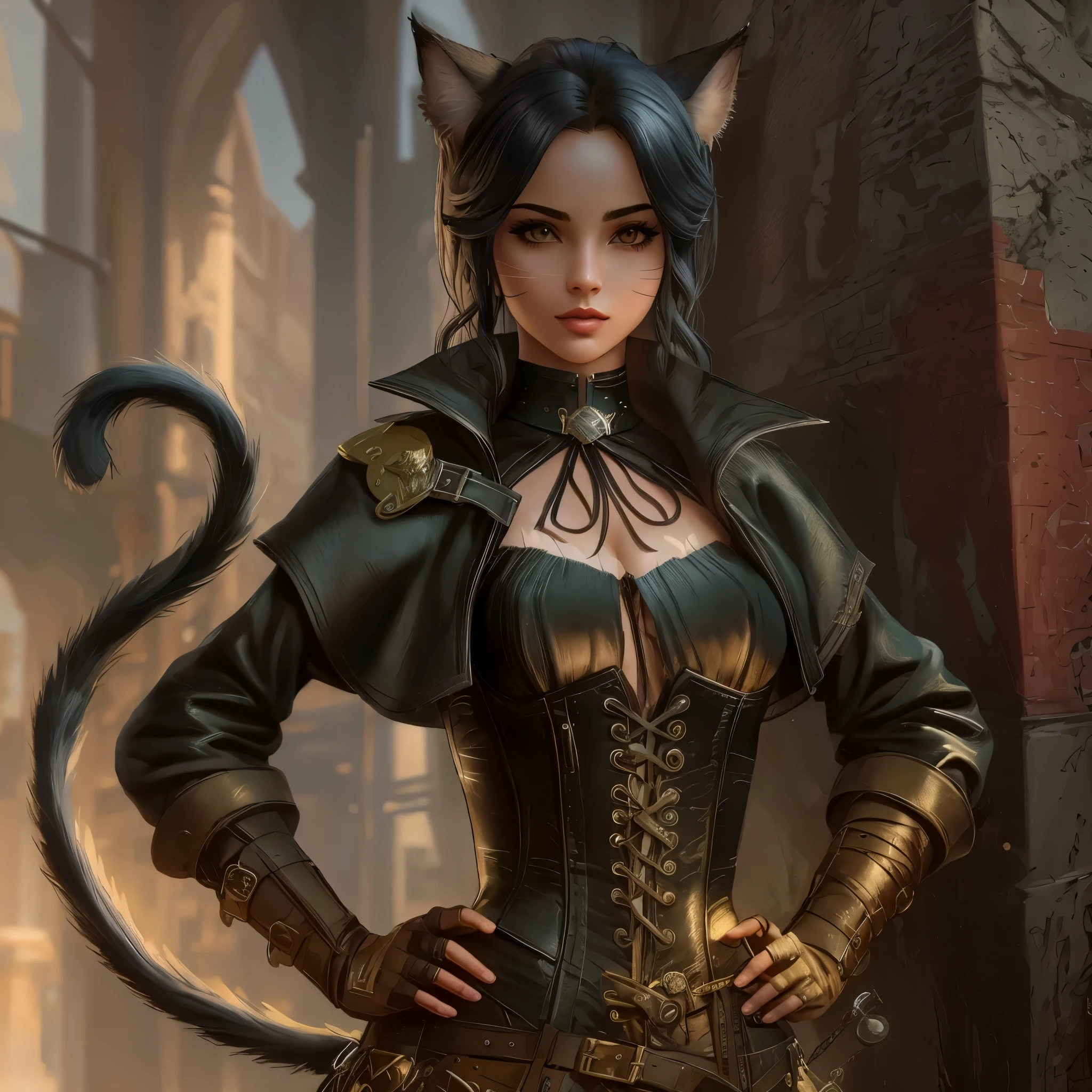 girl with cat ears, chica sexy, posing at full height , big breasts, 25 year old girls, divine face, beauty faces, High detail, lip beauty, photorealistic, ultra realistic, bottom, RTX activated, color correction, perspective, depth of field, line of sight, Tonal colors, 8k, full hd, perfectionism, edge lighting, light, Soft lighting, accent lighting, Diffraction evaluation, attractive woman , Super detailed, (( Detailed beautiful yellow cat eyes with a slit. )) , ( curly brown hair ) , long straight hair, Braid hairstyle, ( Medieval dress with corset.)