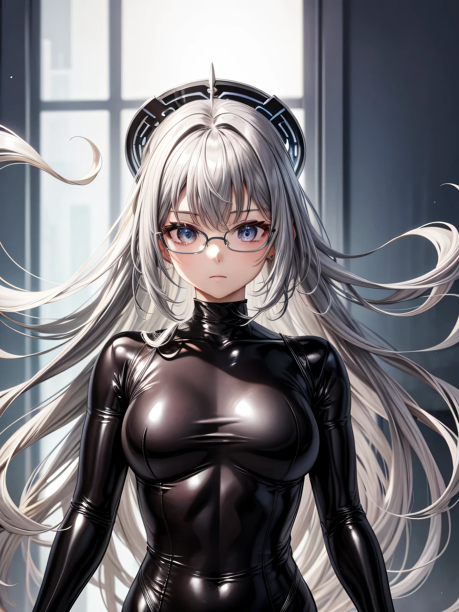 Top quality 8K UHD、glasses、silver metallic bodysuit、silver body tights、glassesをかけた短髪の銀髪美女、肌が隠れたsilver metallic bodysuit、upper body up、