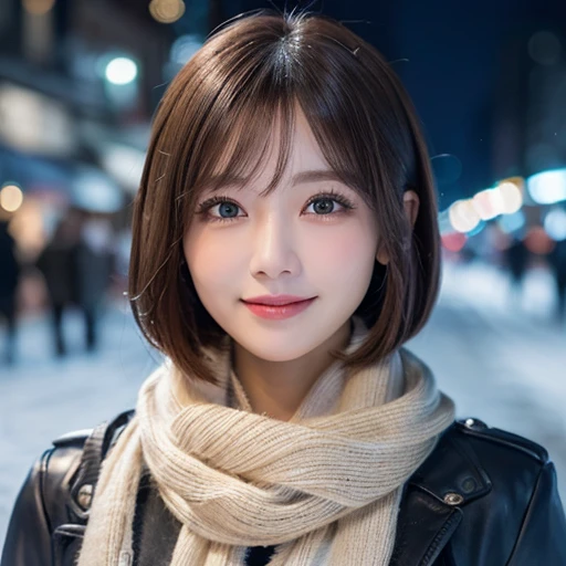 ((8k、RAW photo、highest quality、masterpiece:1.2))、(genuine、フォトgenuine:1.4)、japanese women、１people&#39;s women、Slender beauty、Full body shot、bob cut 、big breasts、Scarf、snow、City of night、super detailed face、super detailed eyes、double eyelid、smile、background blur