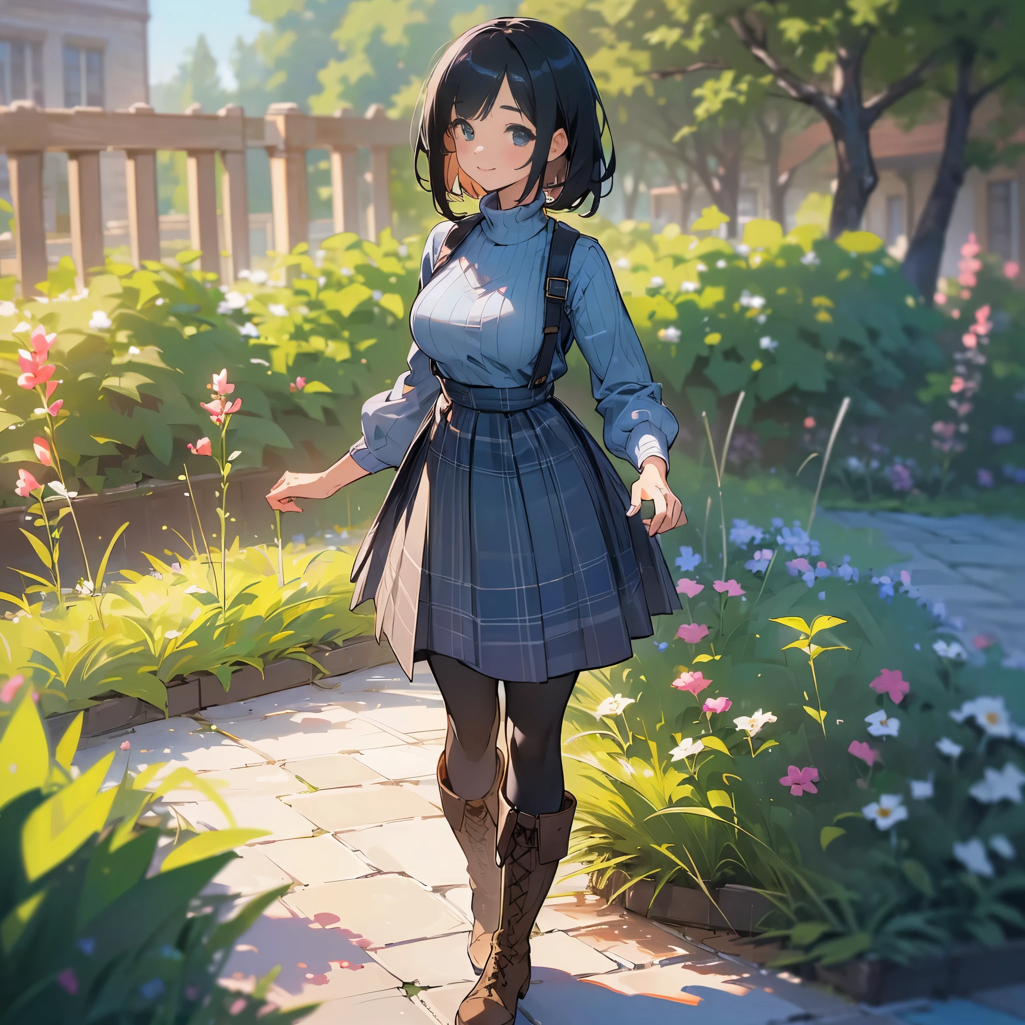 (high quality, high resolution, Super detailed, Reality:1.37), peaceful atmosphere, (outdoor, garden), Teenage girl standing alone, (My breasts are big.), Beautiful detailed features, cute smile, (black bob hair), ribbed sweater, blue plaid skirt, Black tights, Brown boots.