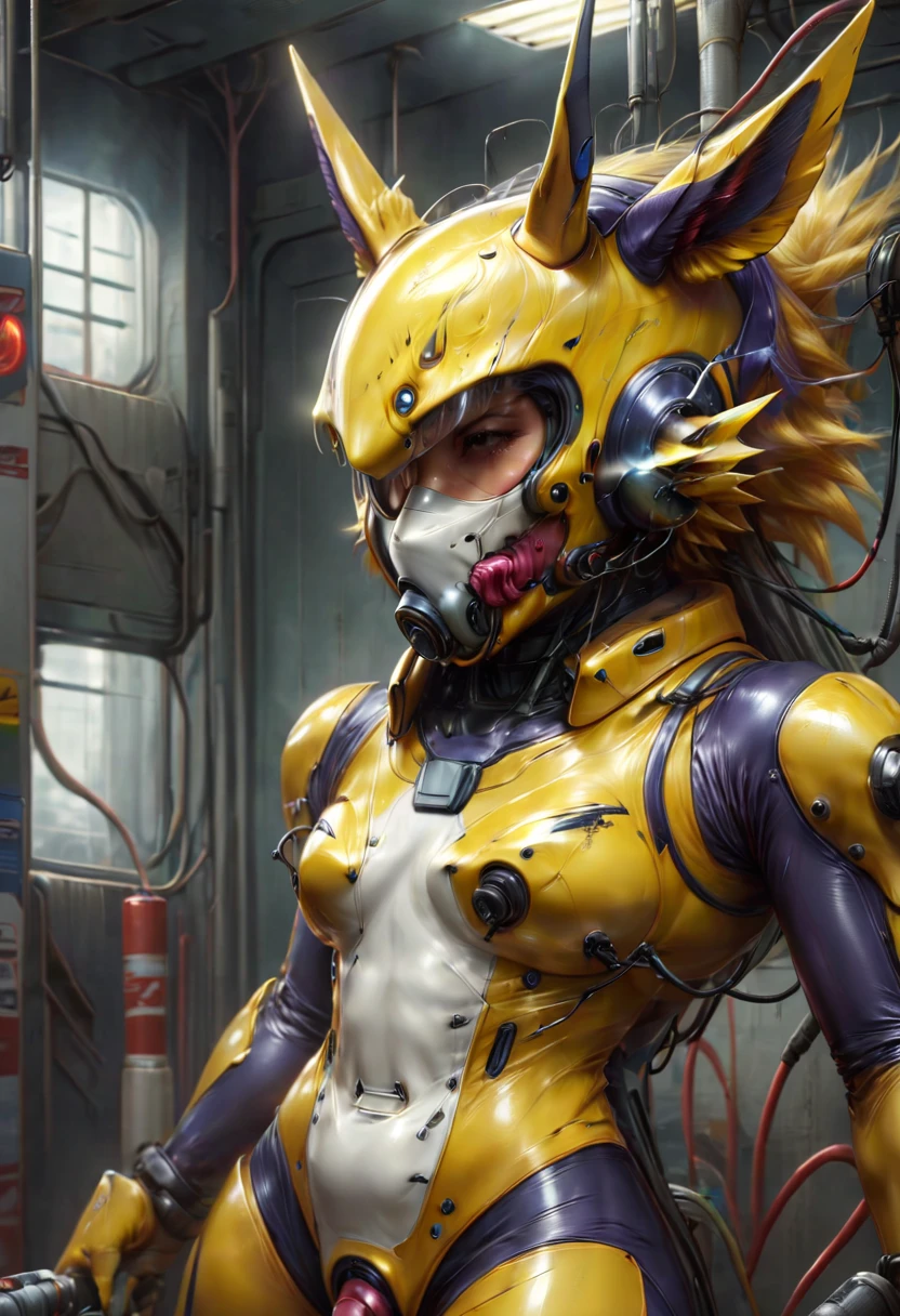 NSFW，full body portrait，female，whole body concept，evil depravity，Renamon type full face helmet，Renamon type full body suit，Full body tight suit，vagina，Insert dick tentacle into pussy，tentacle cockpit，fused with tentacles