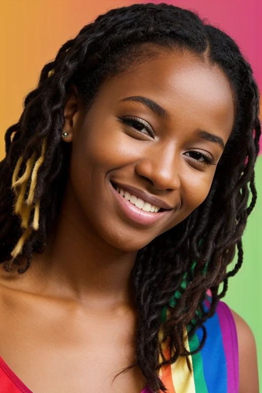 Femme africaine de 20 ans, riant, cheveux de couleur arc-en-ciel, fond noir,