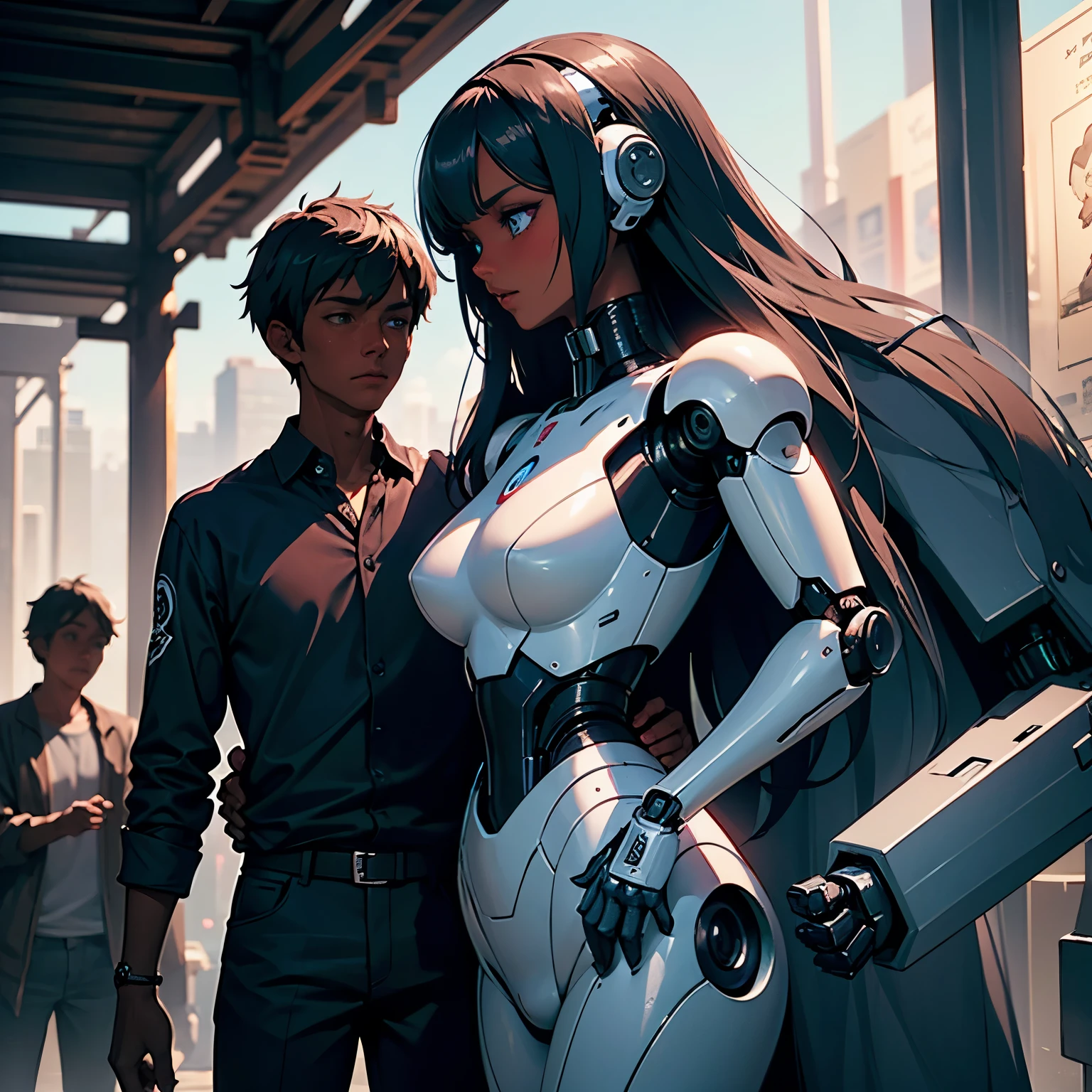 ((pretty black woman human anime character)) and a robot boyfriend, clearly detailed features, the humanoid robot has on a rumpled shirt and black slacks, broad, lean muscles, the robot is devastatingly handsome with a boyish smirk, dark fantasy, hyper detailed, heartwarming manga art, Jean Baptiste Monge, Carne Griffiths, Seb Mckinnon 