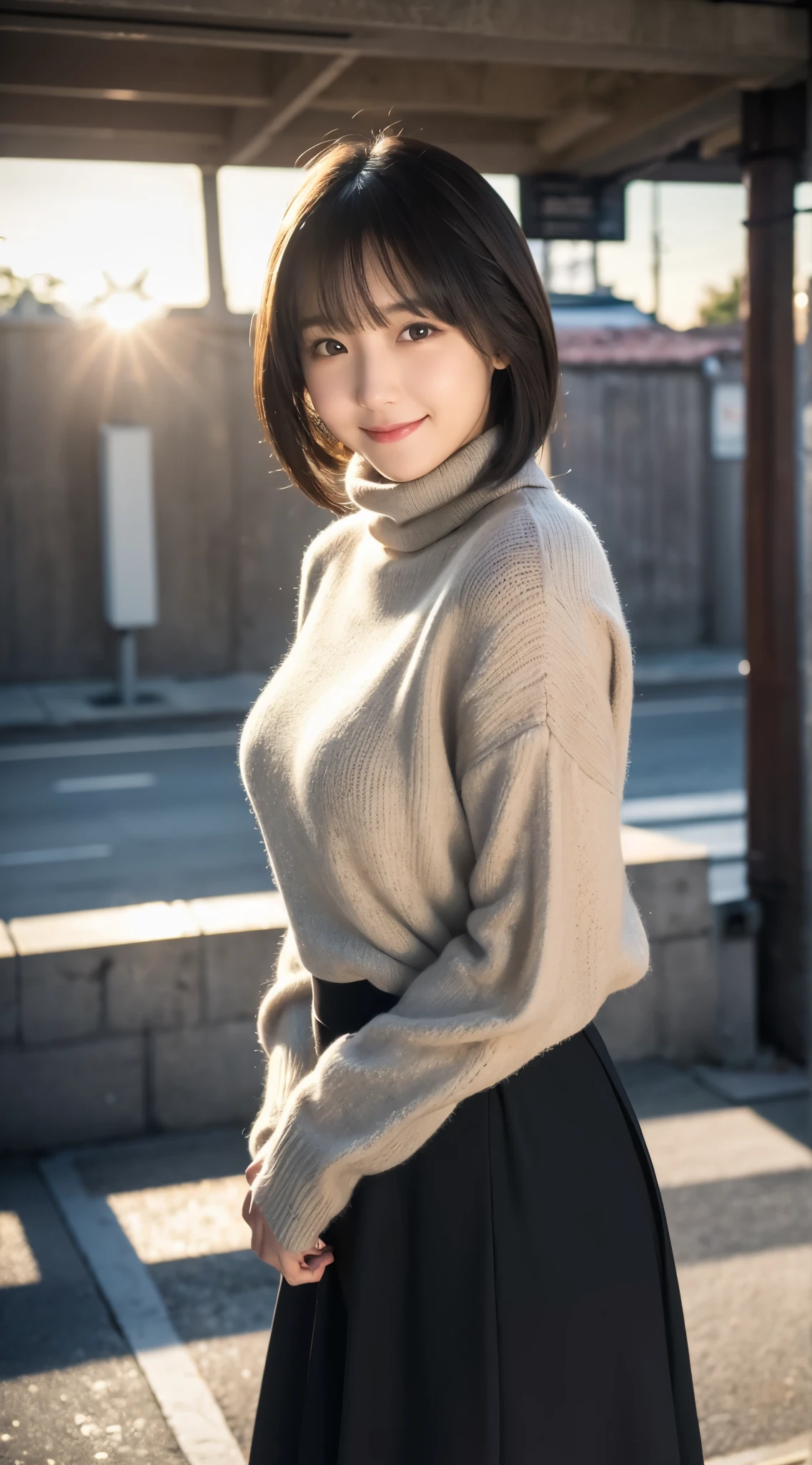 (highest quality,masterpiece:1.3,ultra high resolution),(Super detailed,caustics,8K),(photorealistic:1.4,RAW shooting),at dusk,warm light,Backlight,Vivid,Lens flare,street,24-years-old,cute,Japanese,black short hair,best smile,big boobs,Down coat,turtleneck sweater,long skirt,Low position,Low - Angle,Natural light