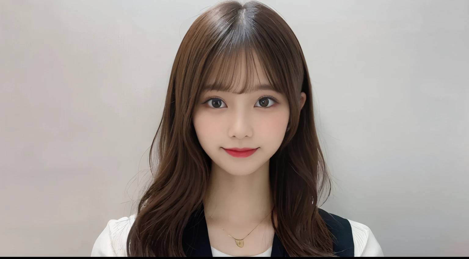 muste piece, best quality, illustration, Super detailed, fine details, High resolution, 8K Dende Wallpaper, perfect dynamic composition, beautiful detailed eyes, she is wearing a black formal suit,medium hair,natural color lip, shy smile,Harajuku style、20 year old girl、There is only one person, bust-up photography、cute type、looking at camera、C Cup、brown hair、pure white background、white background、background white、Copy Space