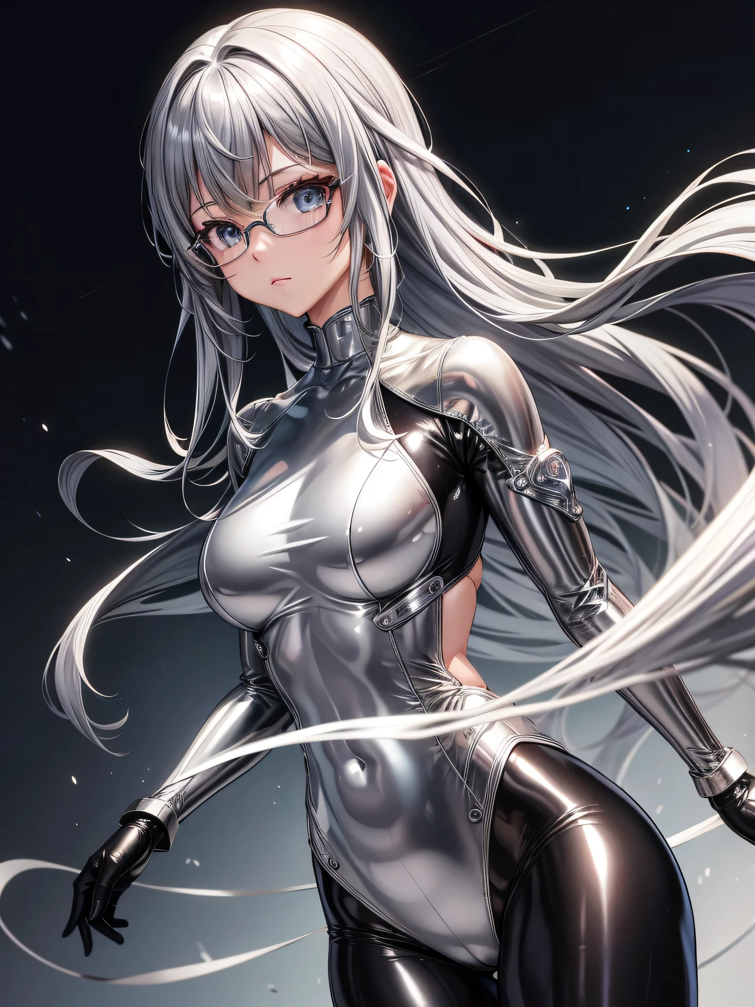 Top quality 8K UHD、glasses、silver metallic bodysuit、silver body tights、silver metallic tights、silver metallic rider suit、short hair、glassesをかけた短髪の銀髪美女、upper body up、