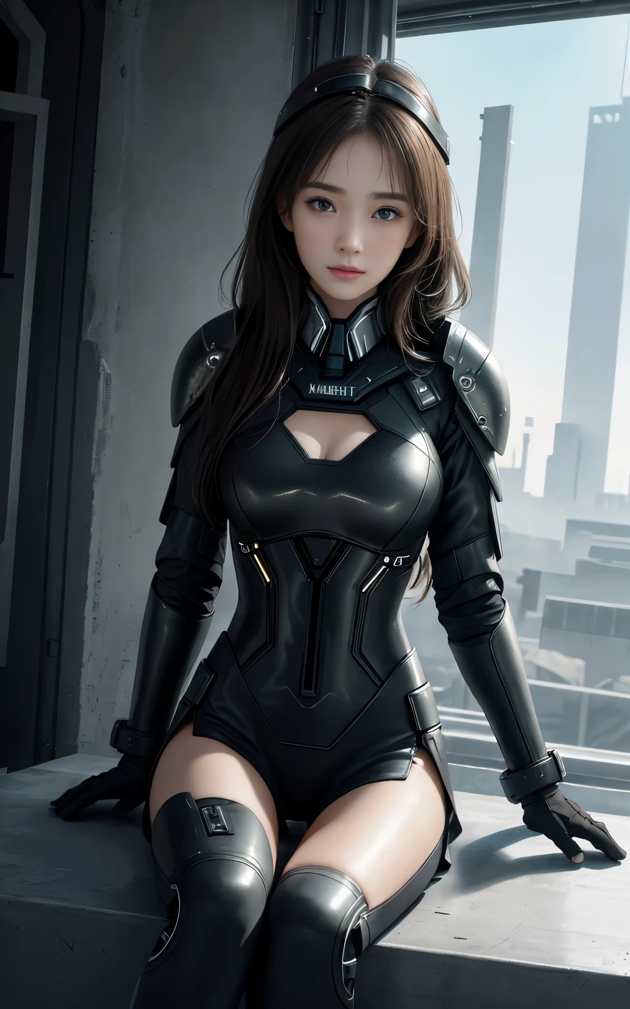 (1girl:1.3), Solo, (((Very detailed face)))), ((Very detailed eyes and face)))), Beautiful detail eyes, Body parts__, Official art, Unified 8k wallpaper, Super detailed, beautiful and beautiful, beautiful, masterpiece, best quality, original, masterpiece, super fine photo, best quality, super high resolution, realistic realism, sunlight, full body portrait, amazing beauty, dynamic pose, delicate face, vibrant eyerom the front), She wears a combat suit, black and white color scheme, female military uniform, very detailed abandoned warehouse background, detailed face, detailed complex busy background, messy, gorgeous, milky white, highly detailed skin, realistic skin details, visible pores, clear focus, volumetric fog, 8k uhd, DSLR camera, high quality, film grain, fair skin, photo realism, lomography, futuristic dystopian giant metropolis, seen from below, translucent