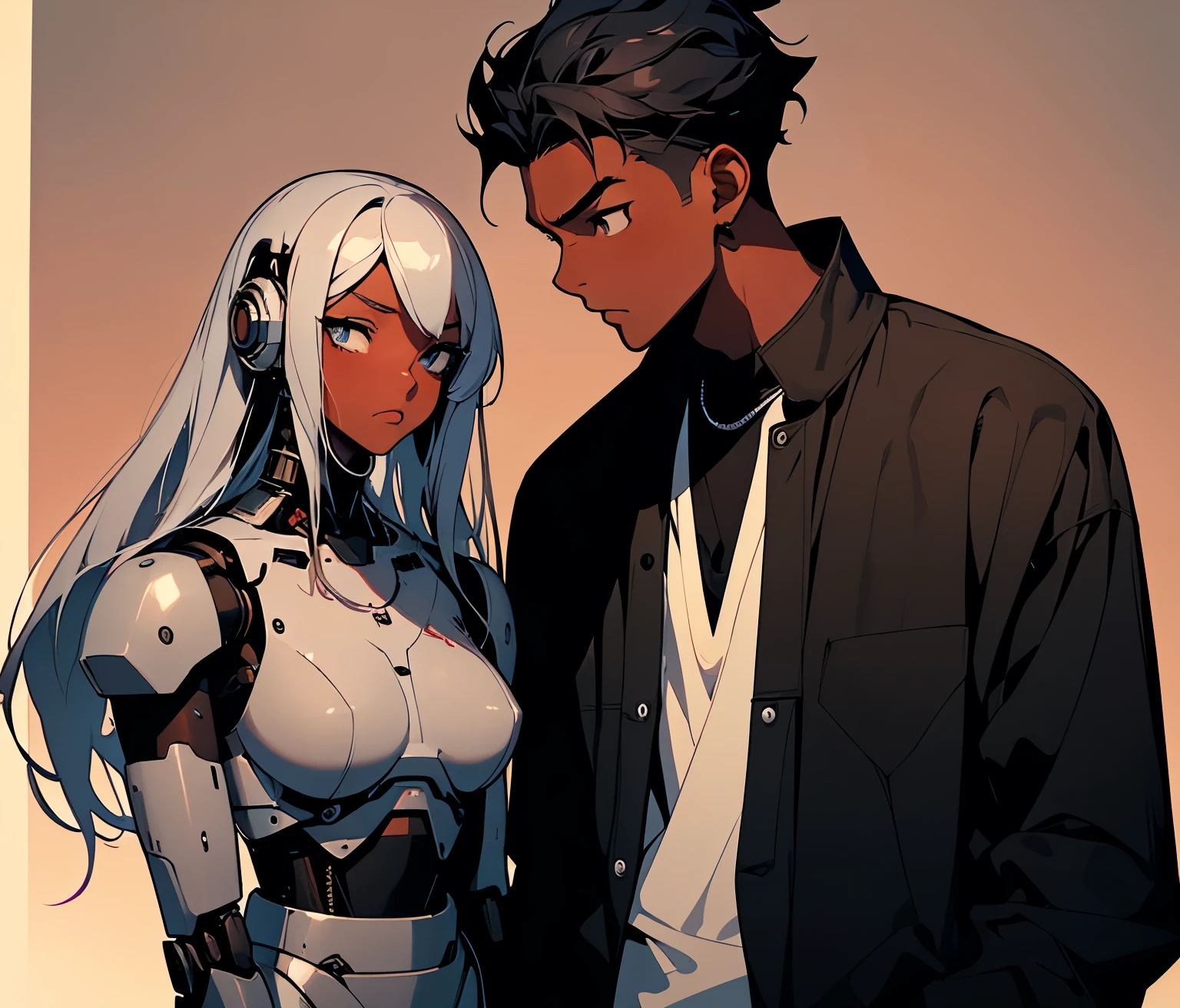 ((pretty black woman human anime character)) and a robot boyfriend, clearly detailed features, the humanoid robot has on a rumpled shirt and black slacks, broad, lean muscles, the robot is devastatingly handsome with a boyish smirk, dark fantasy, hyper detailed, heartwarming manga art, Jean Baptiste Monge, Carne Griffiths, Seb Mckinnon 