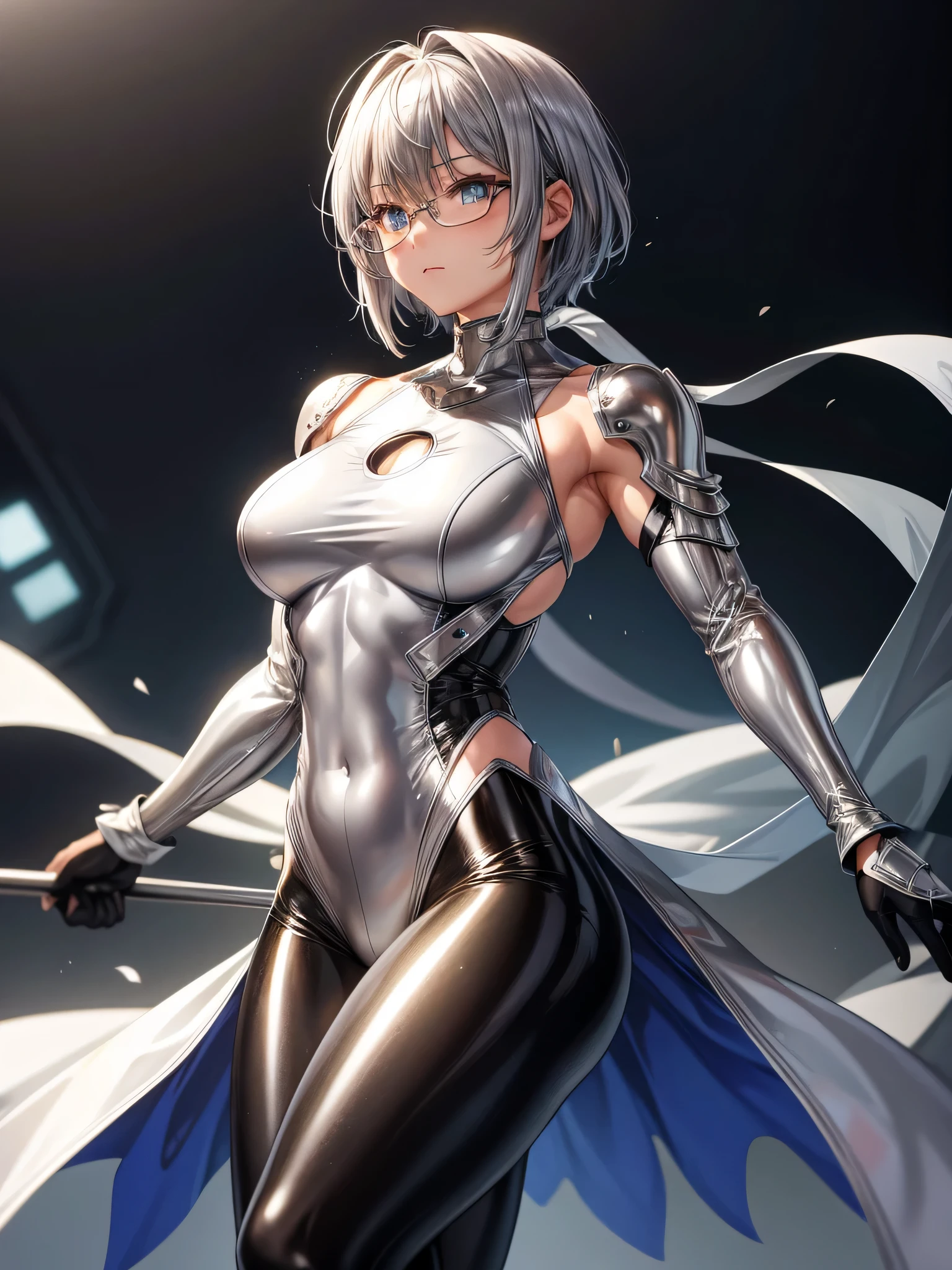 Top quality 8K UHD、glasses、silver metallic bodysuit、silver body tights、silver metallic tights、silver metallic rider suit、short hair、glassesをかけた短髪の銀髪美女、muscular、upper body up、