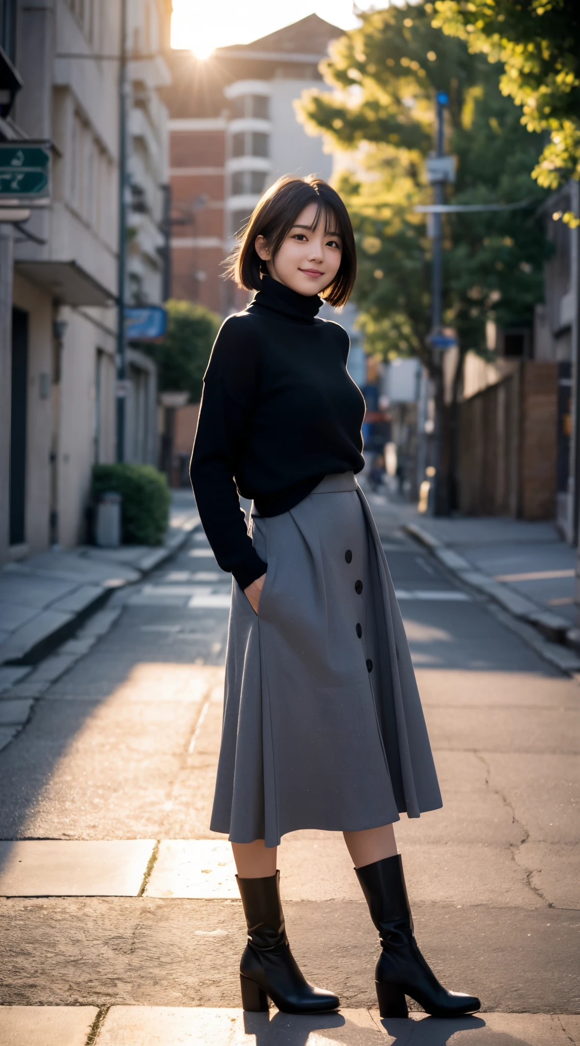 (highest quality,masterpiece:1.3,ultra high resolution),(Super detailed,caustics,8K),(photorealistic:1.4,RAW shooting),at dusk,sunset,warm light,Backlight,Vivid,Lens flare,street,24-years-old,cute,Japanese,black short hair,best smile,big boobs,Down coat,turtleneck sweater,long skirt,Low position,Low - Angle,blur the background,Natural light