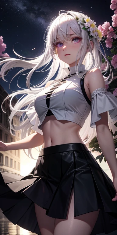 actual, 1 girl, white hair, purple eyes, glowing eyes, crop top, skirt, open, blush, night, flowers, sun, sunlight,