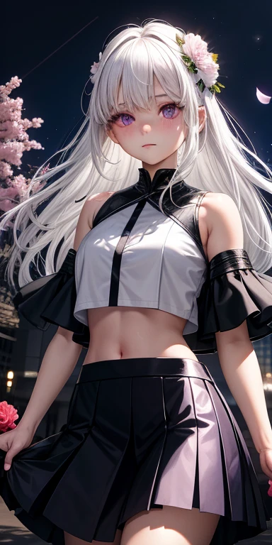 actual, 1 girl, white hair, purple eyes, glowing eyes, crop top, skirt, open, blush, night, flowers, sun, sunlight,