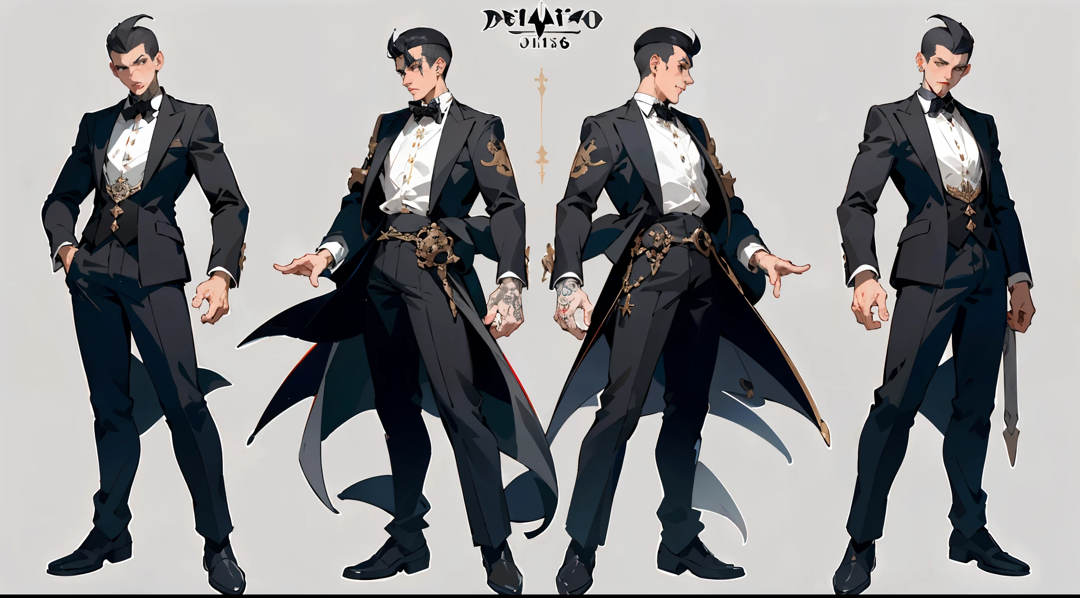（obra maestra，mejor calidad）Multiple views of the same character in the same costume., triple, Proporciones de todo el cuerpo，fondo blanco, Concepto de personaje，chico guapo vampiro, 18 years, badass, tatuajes, Estar lleno de detalles
