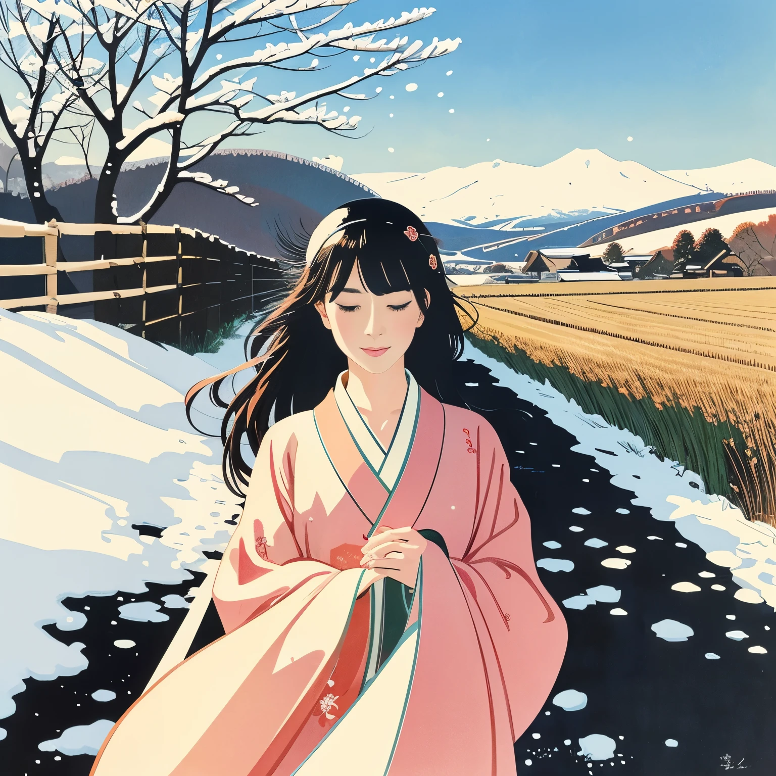 Illustration style、Showa Anime、woman、ukiyoe painting 、countryside landscape、Woman at the center、Delicate touch、finely、The wind is blowing、kimono、Japanese、Shinkai Makoto style、((winter)),((snow))