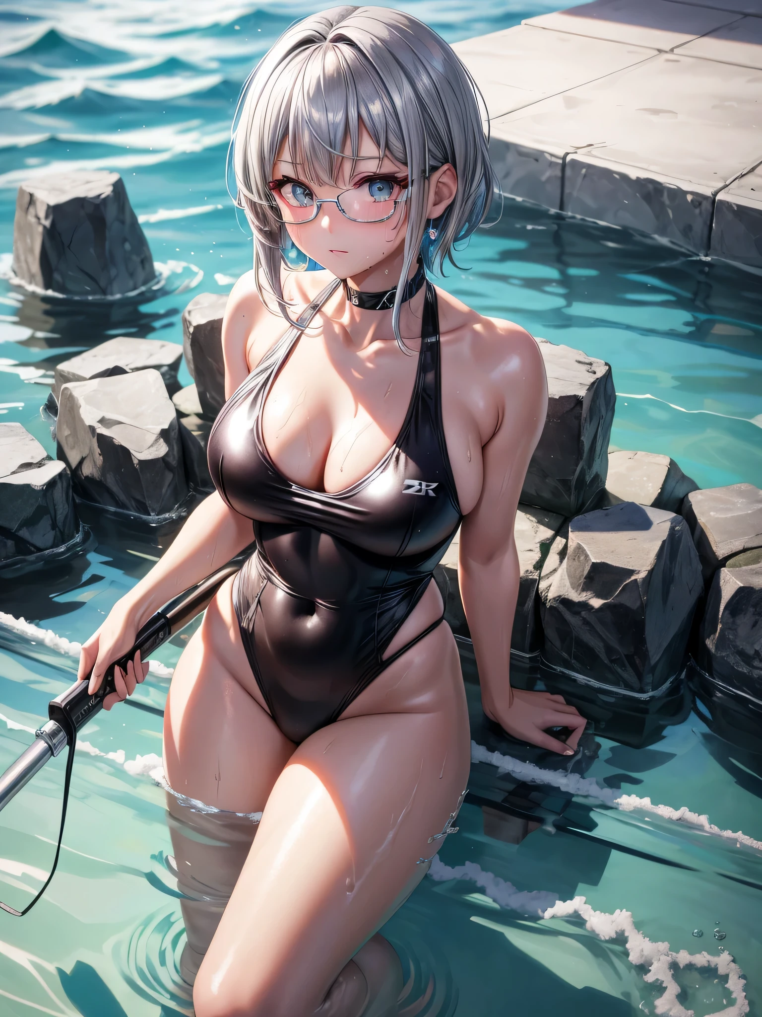 Top quality 8K UHD、glasses、silver metallic swimsuit、silver competitive swimsuit、silver metallic swimsuit、silver metallic school swimsuit、short hair、glassesをかけた短髪の銀髪美女、muscular、sweaty、soaking wet、