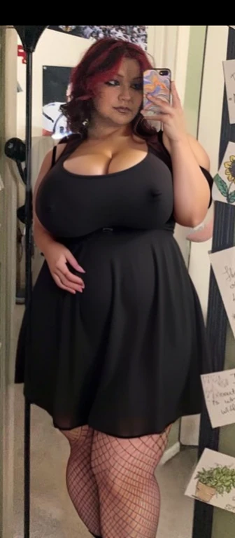 there is a woman that is taking a picture in the mirror, she is wearing a black dress, full body picture, taken in the early 2020s, cute black dress, zoomed out full body, wearing a black dress, she has a jiggly fat round belly, taken in the late 2000s, Big tits, huge tits, no clothes, sexy, cute, wide hips, thick thighs, pear-shaped body, minimal clothes, thick, bbw, chubby stomach, thick nipples, nipple piercings, large areola, hard nipples, piercing through shirt, nipples hard through shirt, busty, major cleavage, naked, ripping through top, boobs spilling over sides, bra too tight, giant tits, dominatrix, dominatrix clothes, fat stomach, fat belly showing, grabbing sexy jiggly fat round belly