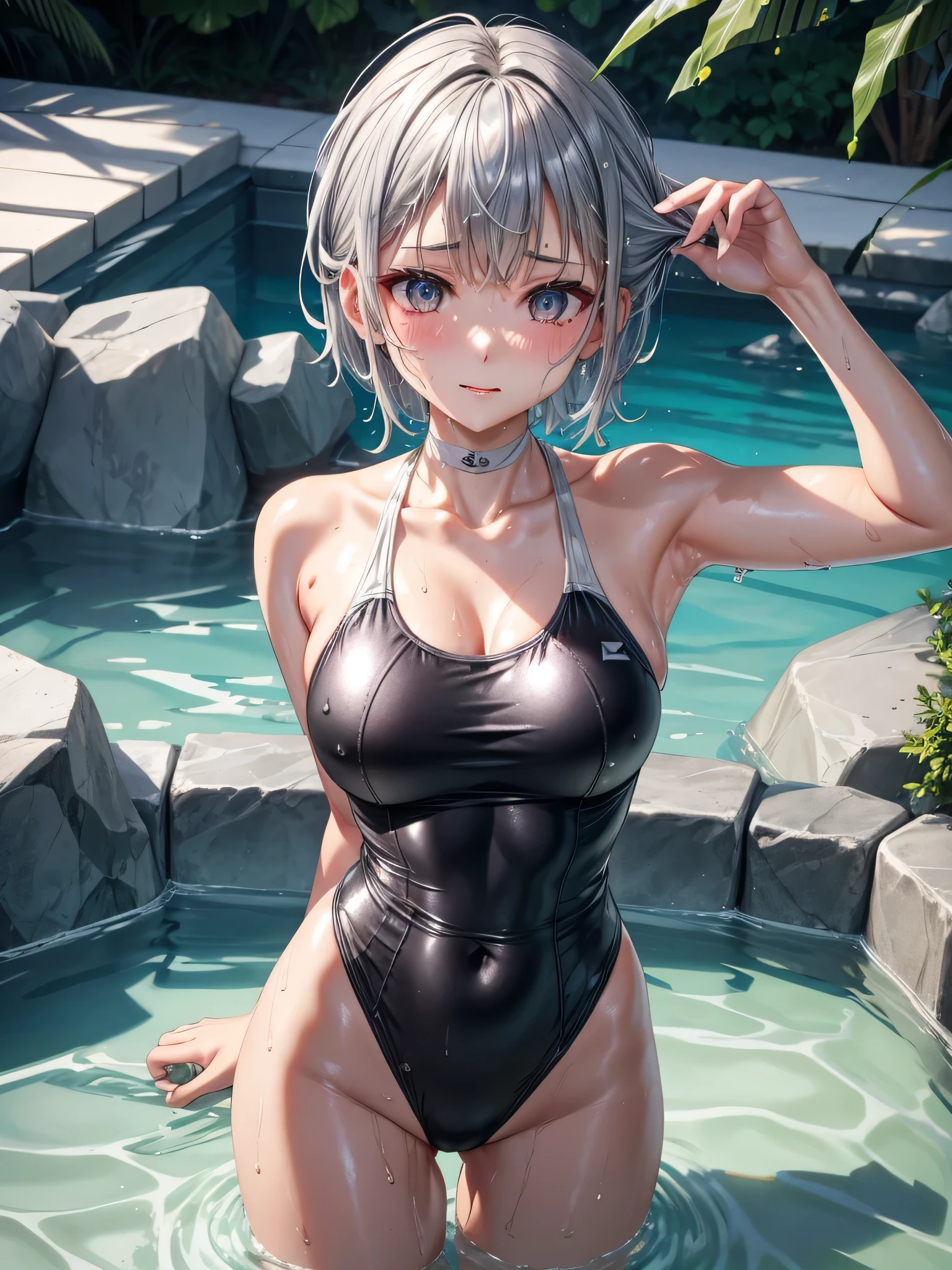 Top quality 8K UHD、glasses、wet silver metallic swimsuit、wet silver swimsuit、wet silver metallic swimsuit、wet silver metallic school swimsuit、short hair、glassesをかけた短髪の銀髪美女、muscular、sweaty、soaking wet、
