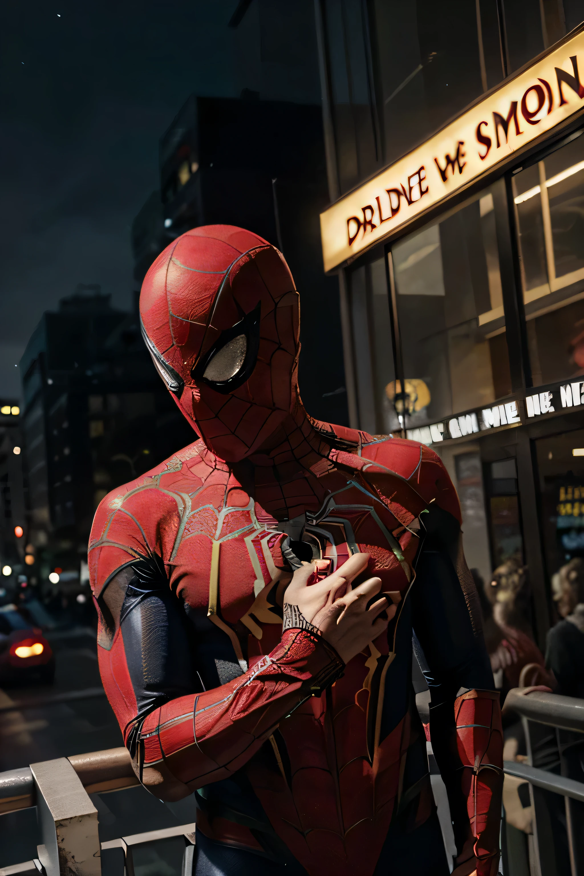Spider-Man is a superhero who wears a gold and red costume with a web of araignées drawn on it.'araignée.. Il a un masque qui couvre toute sa tete , sauf ses yeux qui sont blancs et expressifs. Il porte également des lance-toiles aux poignets qui lui permettent de projeter des fils de toile et de se balancer d'un côté à l'autre..'un bâtiment'autre..