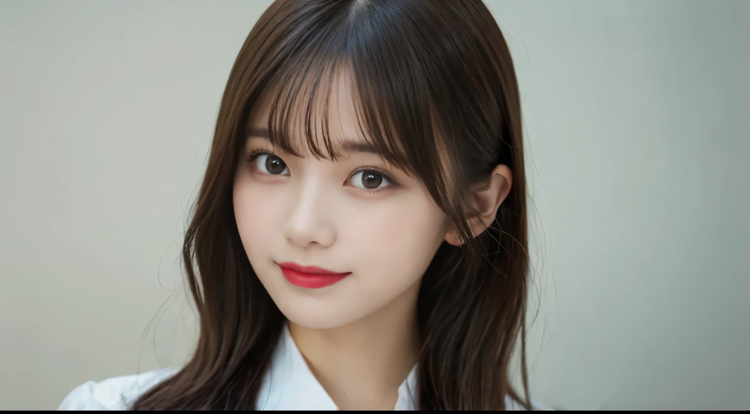 muste piece, best quality, illustration, Super detailed, fine details, High resolution, 8K Dende Wallpaper, perfect dynamic composition, beautiful detailed eyes, she is wearing a black formal suit,medium hair,natural color lip, shy smile,Harajuku style、20 year old girl、There is only one person, bust-up photography、cute type、looking at camera、C Cup、brown hair、pure white background、white background、background white、Copy Space