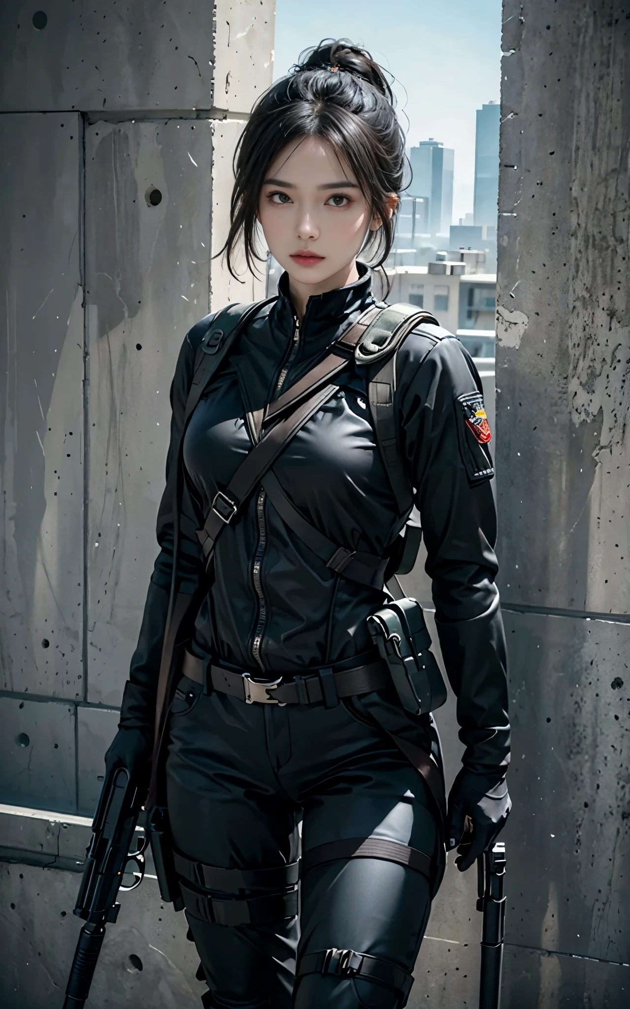 ((Best Quality, 8K, Masterpiece: 1.3)), ((best quality)), photorealistic, photorealism, 1girl aiming with an ak-47 assault rifle, Combat pose, Photorealistic, high resolution, looking to the camera, (Detailed face), short black hair, blue rubber suit, military harness, revealed thigh, Gun,black gloves, high-tech headset, Fingers are occluded, concrete wall background,