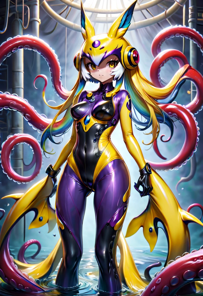 NSFW,full body portrait,female,whole body concept,evil depravity,Renamon type full face helmet,Renamon type full body suit,Full body tight suit,vagina,Insert dick tentacle into pussy,tentacle cockpit,fused with tentacles