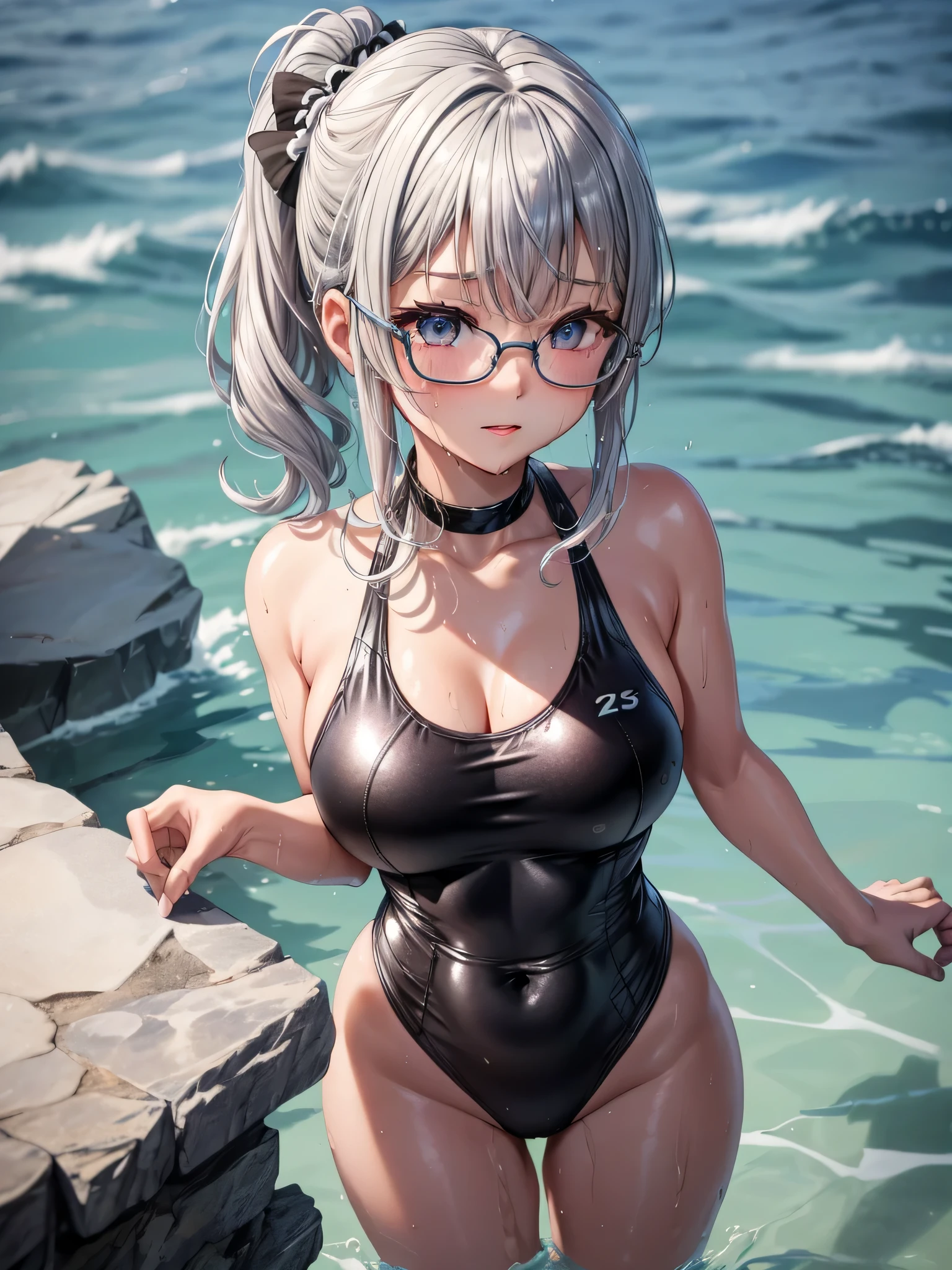 Top quality 8K UHD、glasses、wet silver metallic swimsuit、wet silver swimsuit、wet silver metallic swimsuit、wet silver metallic school swimsuit、short hair、glassesをかけた短髪の銀髪美女、muscular、sweaty、soaking wet、