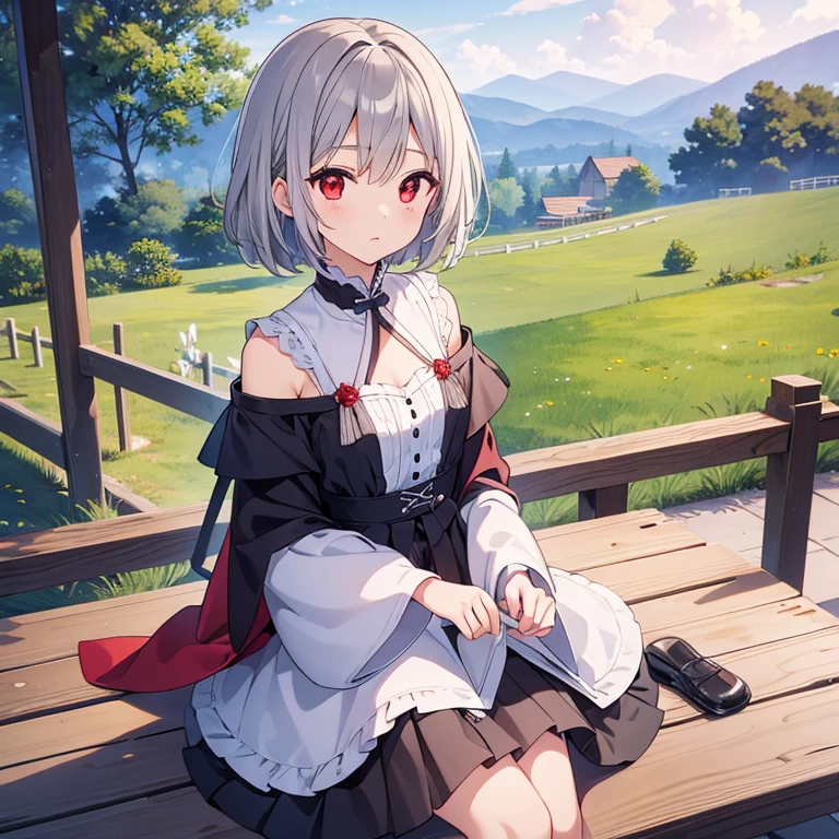 (masterpiece:1.2, highest quality), (Beautiful detailed eyes: 1.2), ((1 beautiful girl)), (red eyes:1.4), (small eyes and small face:1.3), ((短いgray hairの少年)), (beautiful and clear background:1.2), (Very detailed CG, super detailed, best shadow:1.1), ((Depth of the bounds written)), ((watercolor)), beautiful concept figure, (orange background:0.5), (figure:1.1), (very detailed and beautiful:1.1), (perfect details:1.1), From before, rural scenery, scenery 、gray hair、short hair、