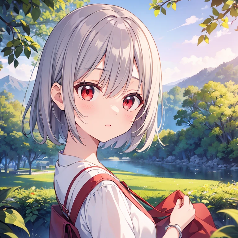 (masterpiece:1.2, highest quality), (Beautiful detailed eyes: 1.2), ((1 beautiful girl)), (red eyes:1.4), (small eyes and small face:1.3), ((短いgray hairの少年)), (beautiful and clear background:1.2), (Very detailed CG, super detailed, best shadow:1.1), ((Depth of the bounds written)), ((watercolor)), beautiful concept figure, (orange background:0.5), (figure:1.1), (very detailed and beautiful:1.1), (perfect details:1.1), From before, rural scenery, scenery 、gray hair、short hair、