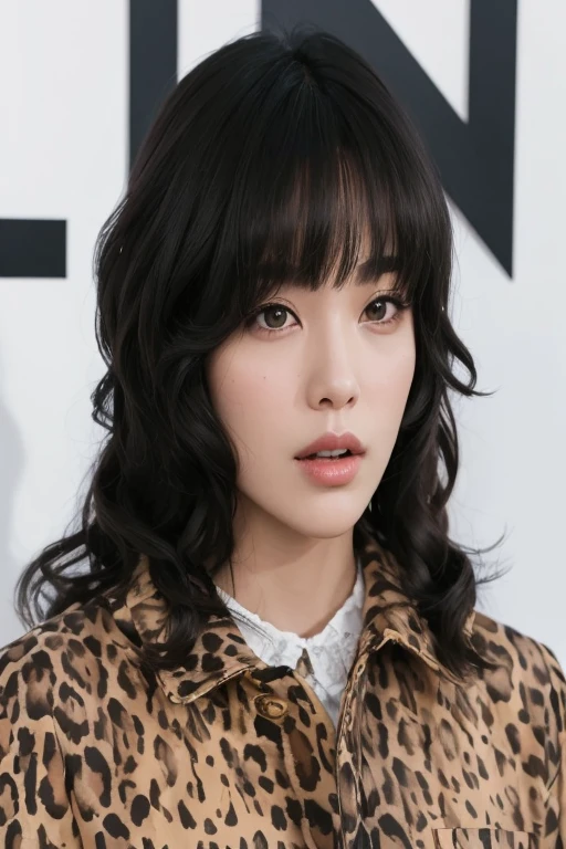 un primer plano de una mujer con una chaqueta con estampado de leopardo, Hye Kyo song, kiko mizuhara, she has black hair con flequillo, con flequillo, flequillo con raya al centro, con flequillo completo, el corte de hime, flequillo rizado, flequillo de cortina, flequillo y cabello ondulado, flequillo contundente cae sobre su frente, flequillo esponjoso