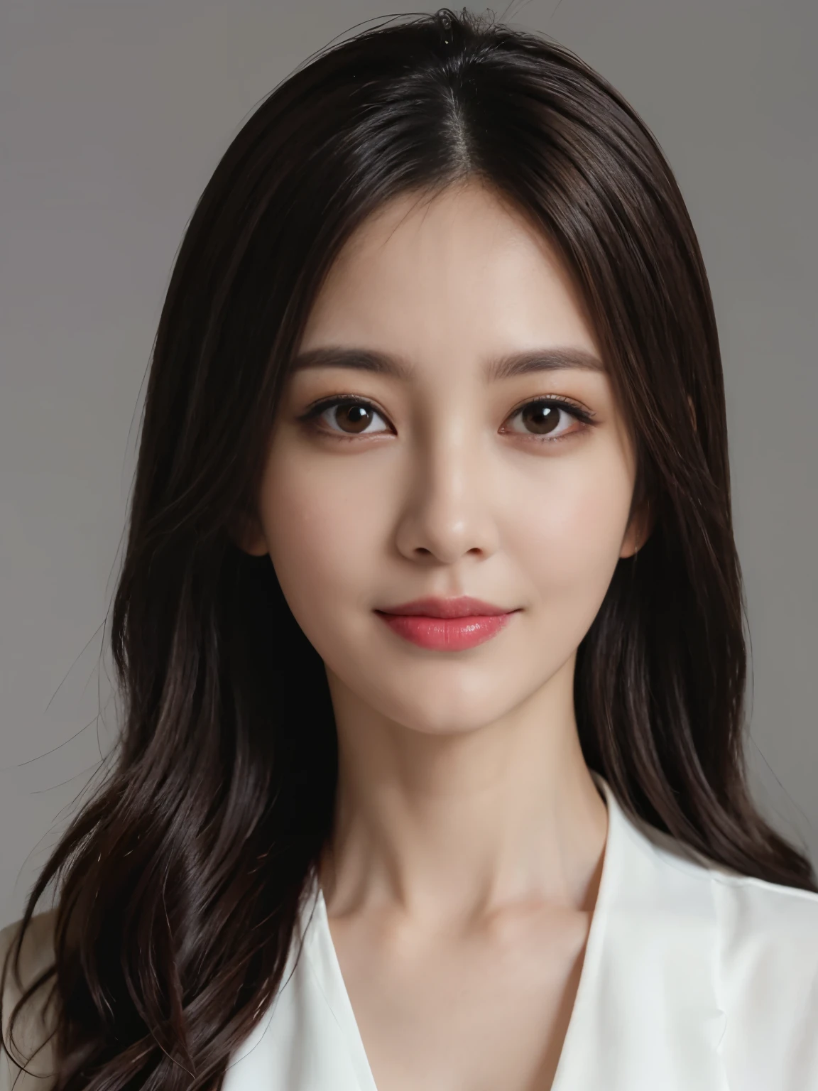 best quality, make it real, ultra - detailed, detailed pubic hair, High resolution, solid color background,8K wallpaper, 1beautiful women,curly hair details, dark suit、wear a white blouse, lock focus, perfect dynamic composition, beautiful eyes, delicate hair, 细致make it real的皮肤纹理, smiling, close up portrait, model body shape、(50代mature woman)、mature woman、((facing forward:1.5))、There are wrinkles on the face、photographed in the center